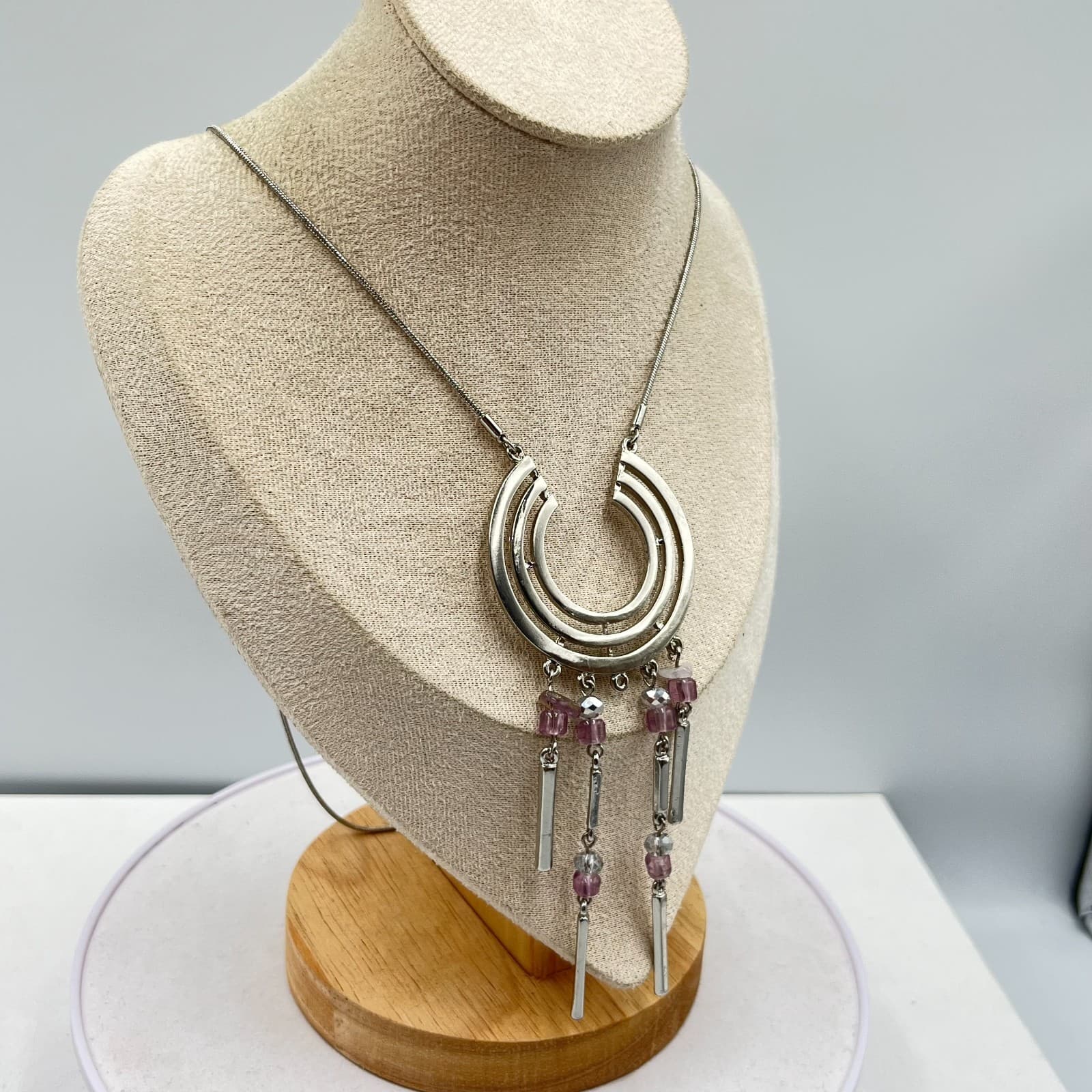 Vintage Modernist Silver Tone Geometric Crescent Tassel Necklace Purple Bead Y2K - Thumbnail 5