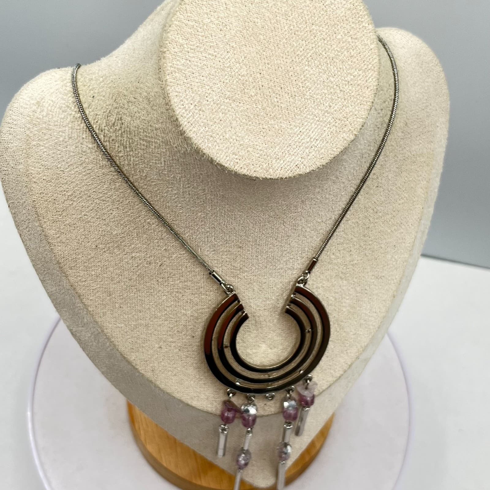 Vintage Modernist Silver Tone Geometric Crescent Tassel Necklace Purple Bead Y2K - Thumbnail 6