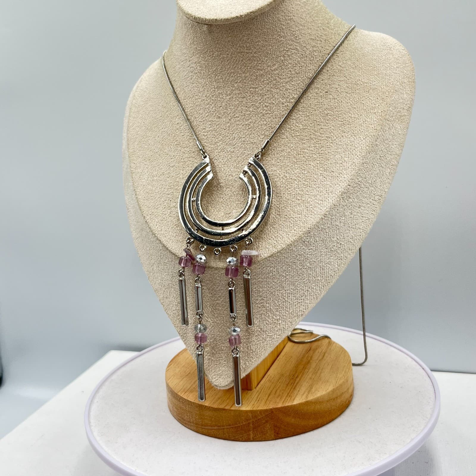 Vintage Modernist Silver Tone Geometric Crescent Tassel Necklace Purple Bead Y2K - Thumbnail 7