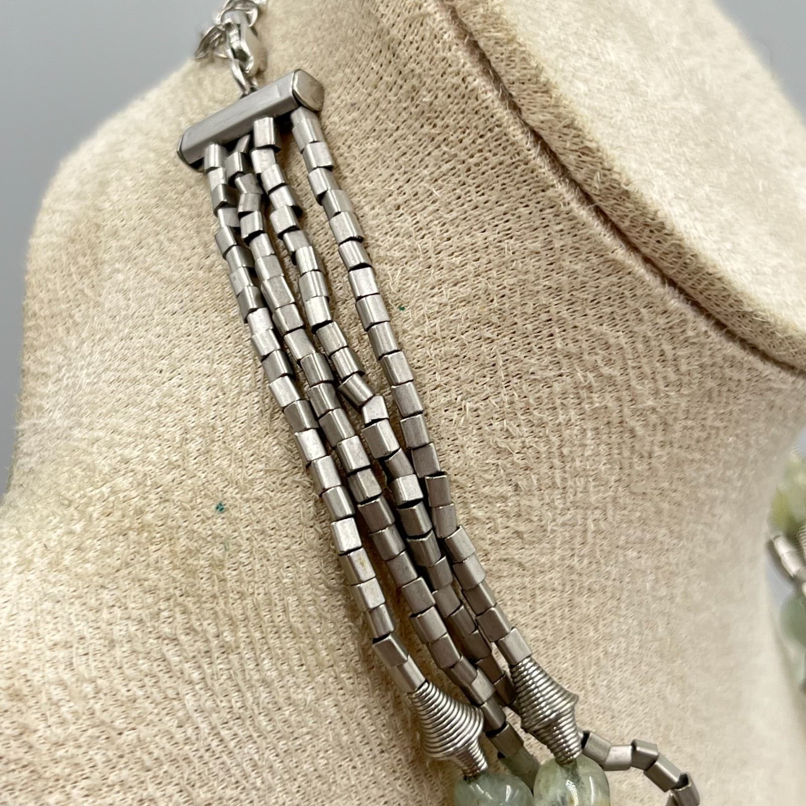 Vintage Boho Multi-Strand Silver Tone Necklace Pale Green Stone Raw Nuggets - Thumbnail 5