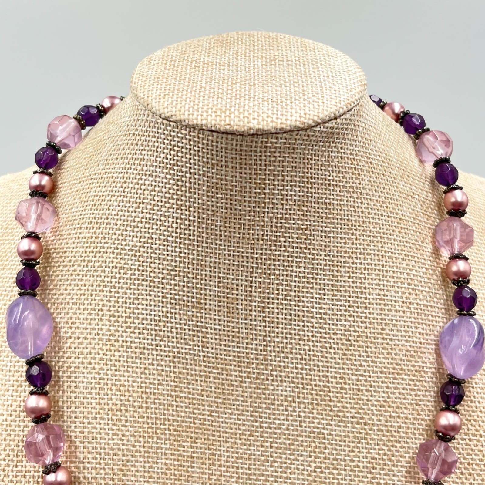 Vintage Y2K Purple Acrylic Bead & Faux Pearl Statement Necklace Retro Boho - Thumbnail 6