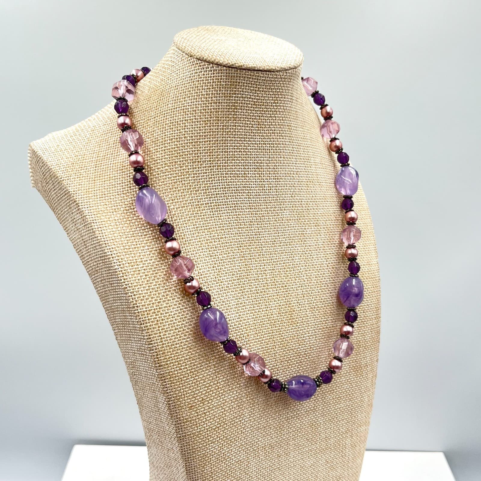 Vintage Y2K Purple Acrylic Bead & Faux Pearl Statement Necklace Retro Boho - Thumbnail 7