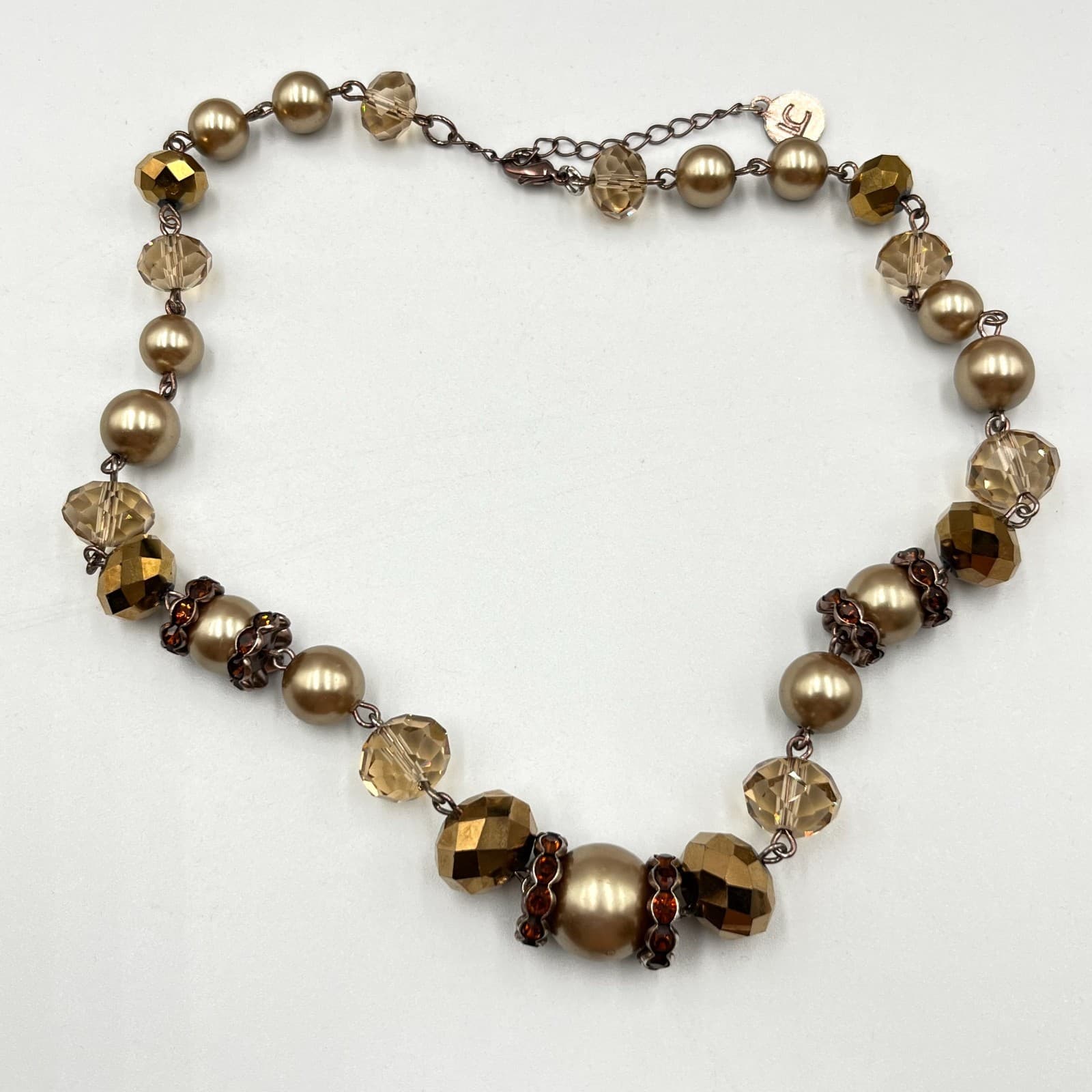 Vintage Liz Claiborne Gold Toner Pearl & Amber Crystal Statement Necklace, Retro - Thumbnail 2