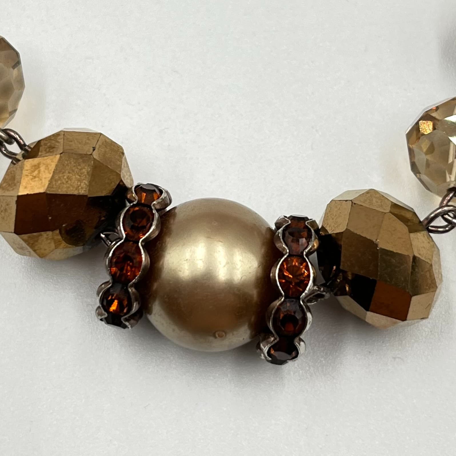 Vintage Liz Claiborne Gold Toner Pearl & Amber Crystal Statement Necklace, Retro - Thumbnail 3