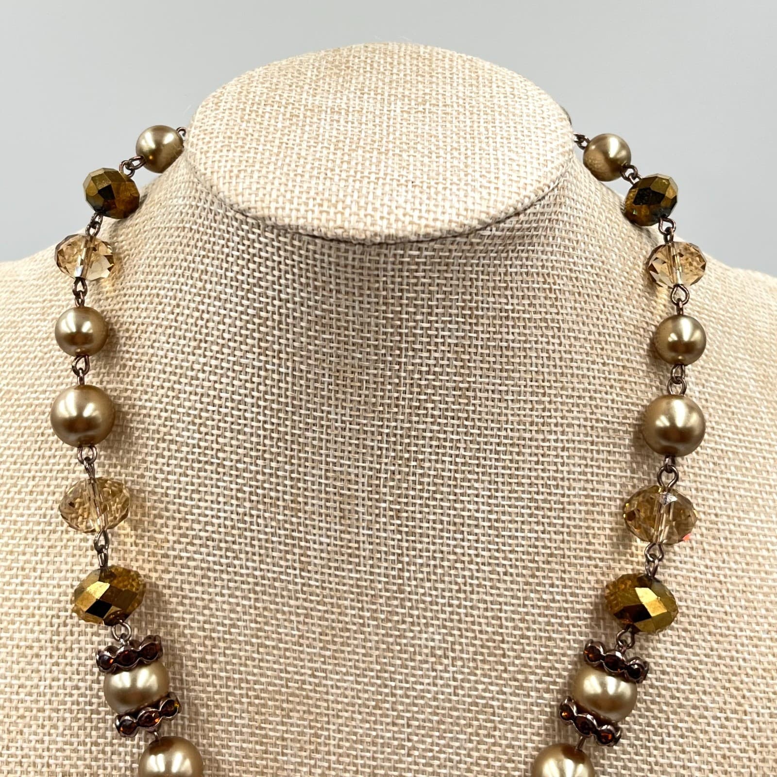 Vintage Liz Claiborne Gold Toner Pearl & Amber Crystal Statement Necklace, Retro - Thumbnail 8