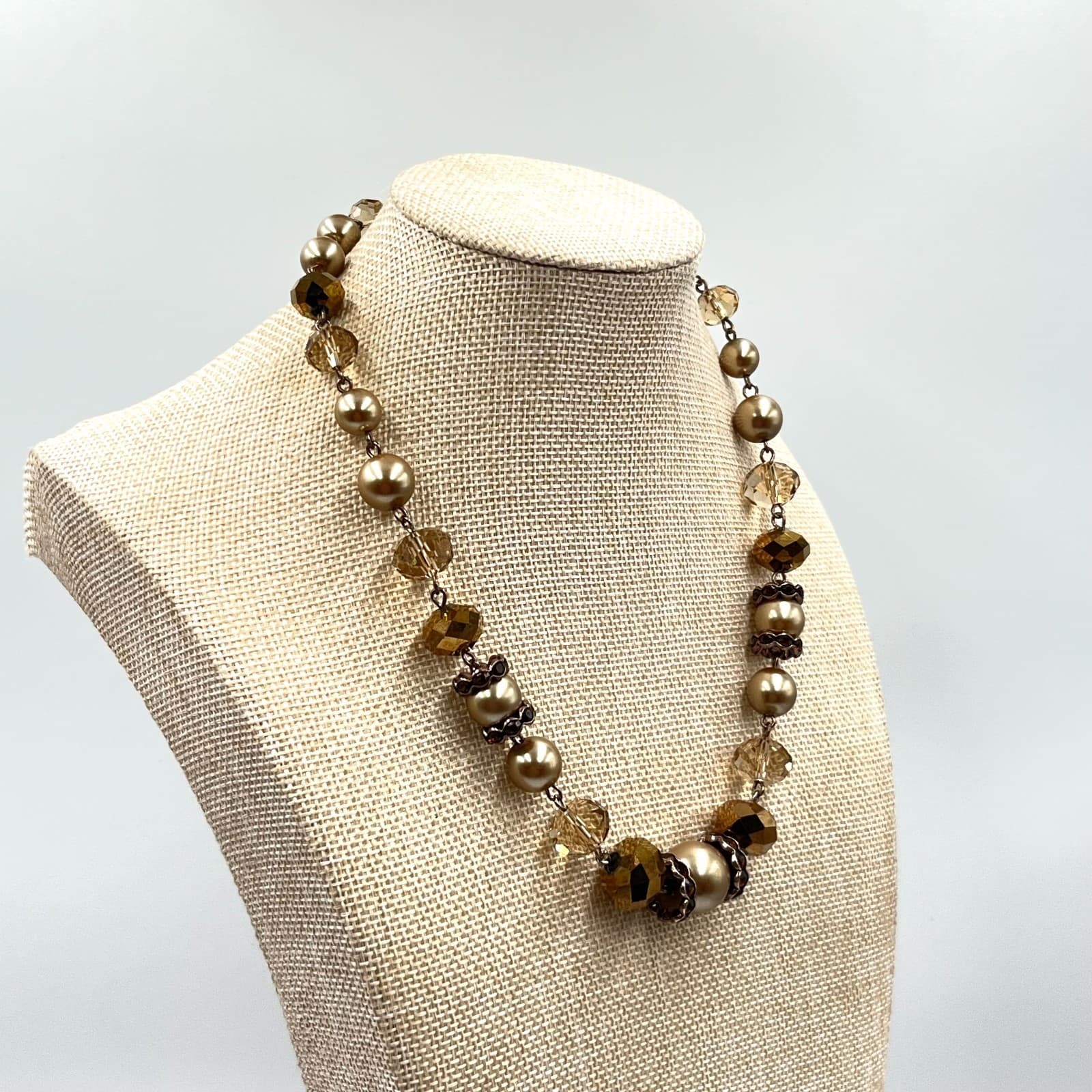 Vintage Liz Claiborne Gold Toner Pearl & Amber Crystal Statement Necklace, Retro - Thumbnail 9