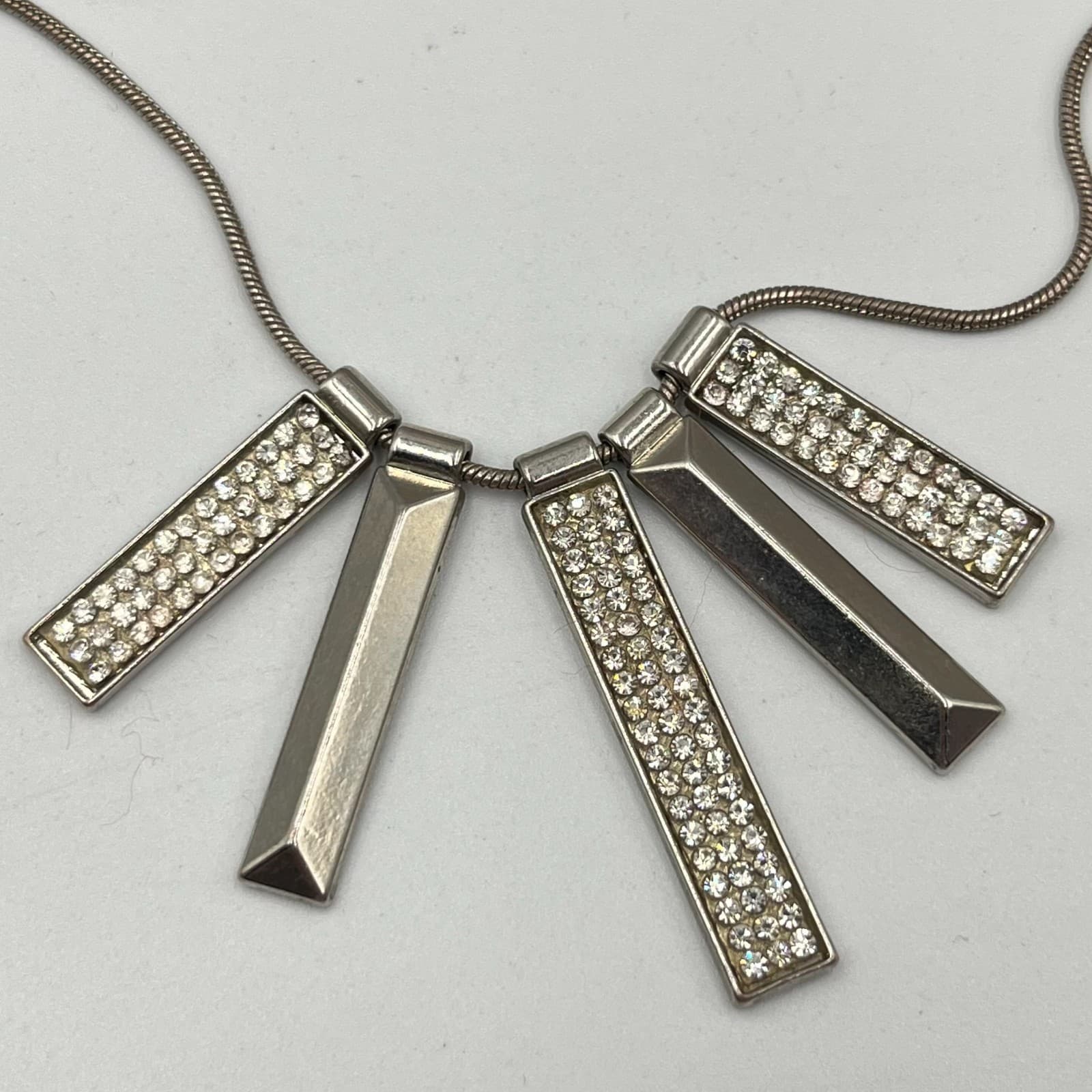VTG Modernist Geometric Silver Tone Bar Fringe Necklace Rhinestone Accents Y2K - Thumbnail 2