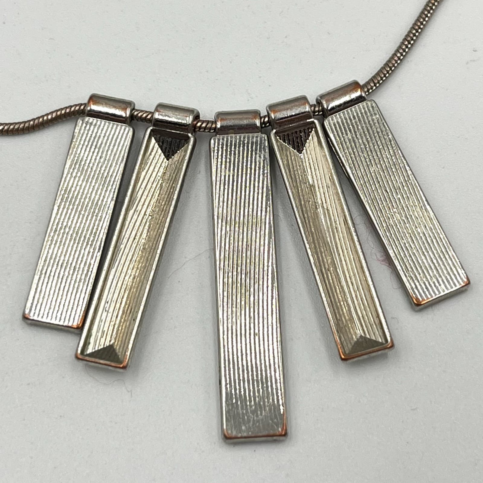 VTG Modernist Geometric Silver Tone Bar Fringe Necklace Rhinestone Accents Y2K - Thumbnail 3