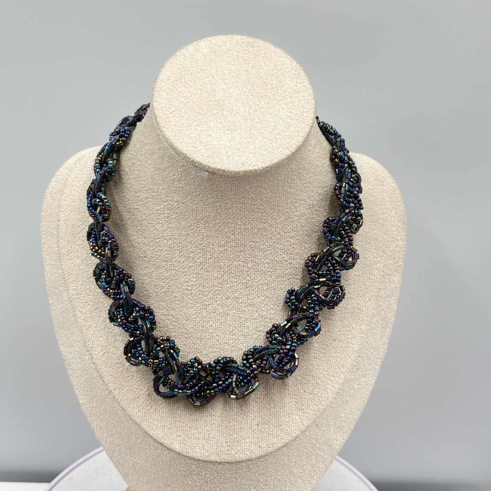 Vintage Iridescent Oil Slick Seed Bead Woven Statement Necklace Retro Boho - Thumbnail 2