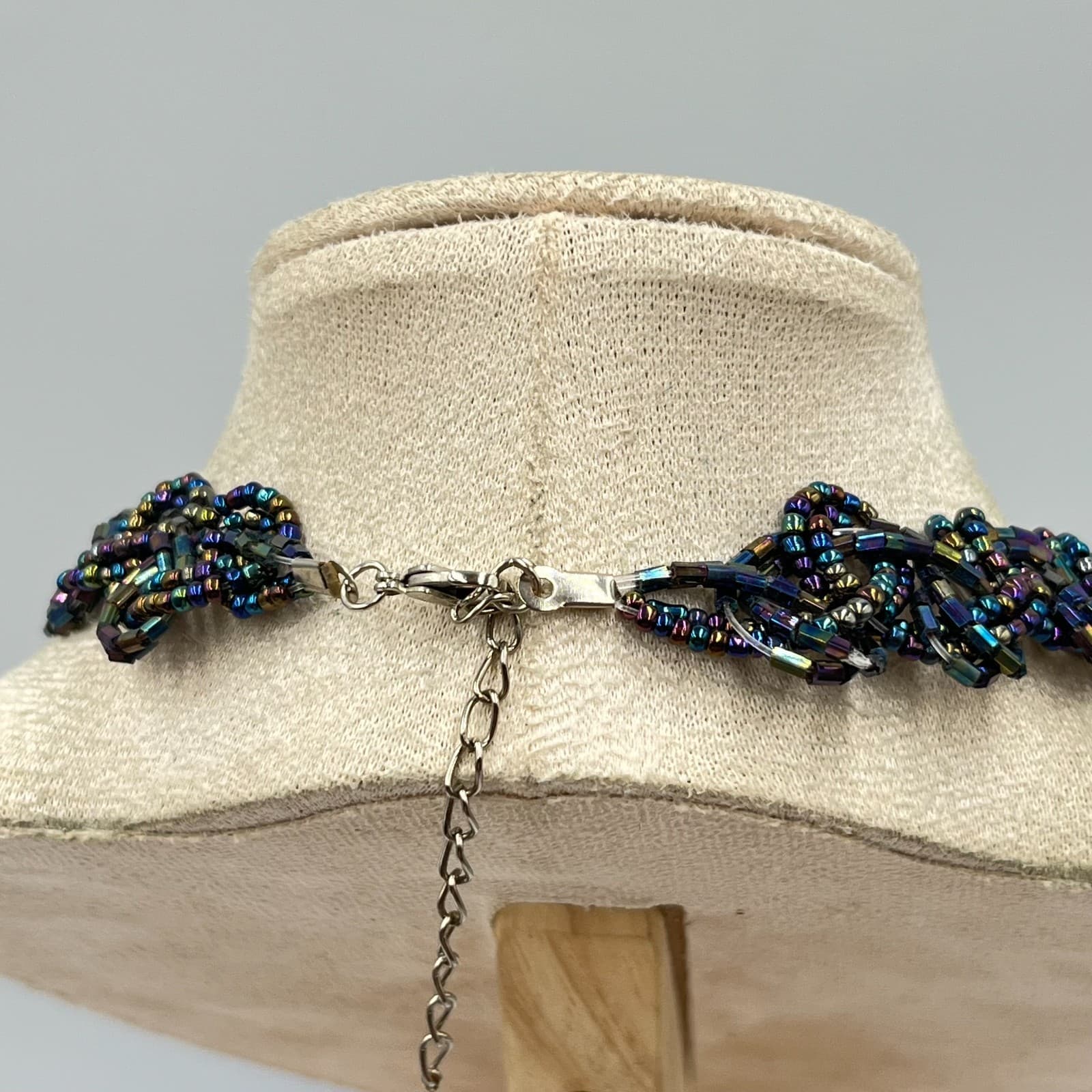 Vintage Iridescent Oil Slick Seed Bead Woven Statement Necklace Retro Boho - Thumbnail 6