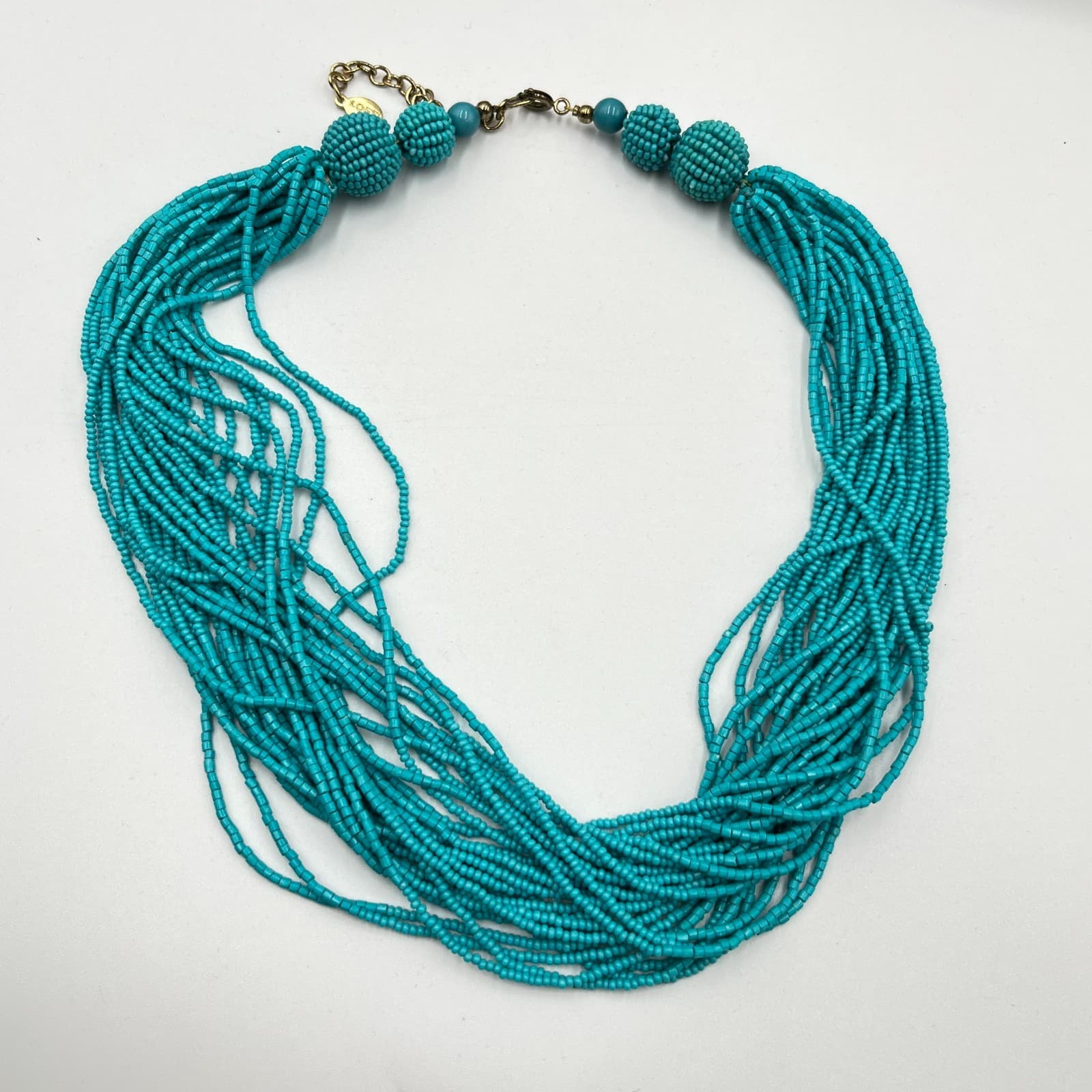 Vintage LOFT Multi-Strand Teal Seed Bead Statement Necklace Boho Chic Classic - Thumbnail 2