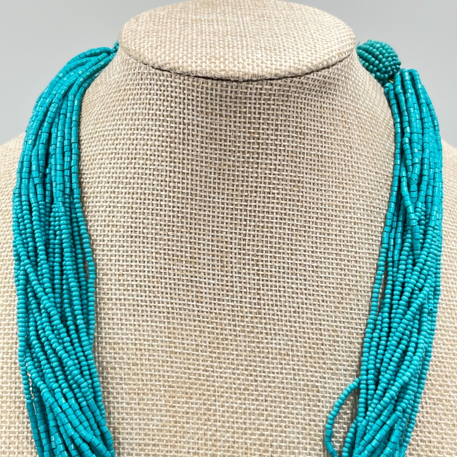 Vintage LOFT Multi-Strand Teal Seed Bead Statement Necklace Boho Chic Classic - Thumbnail 7