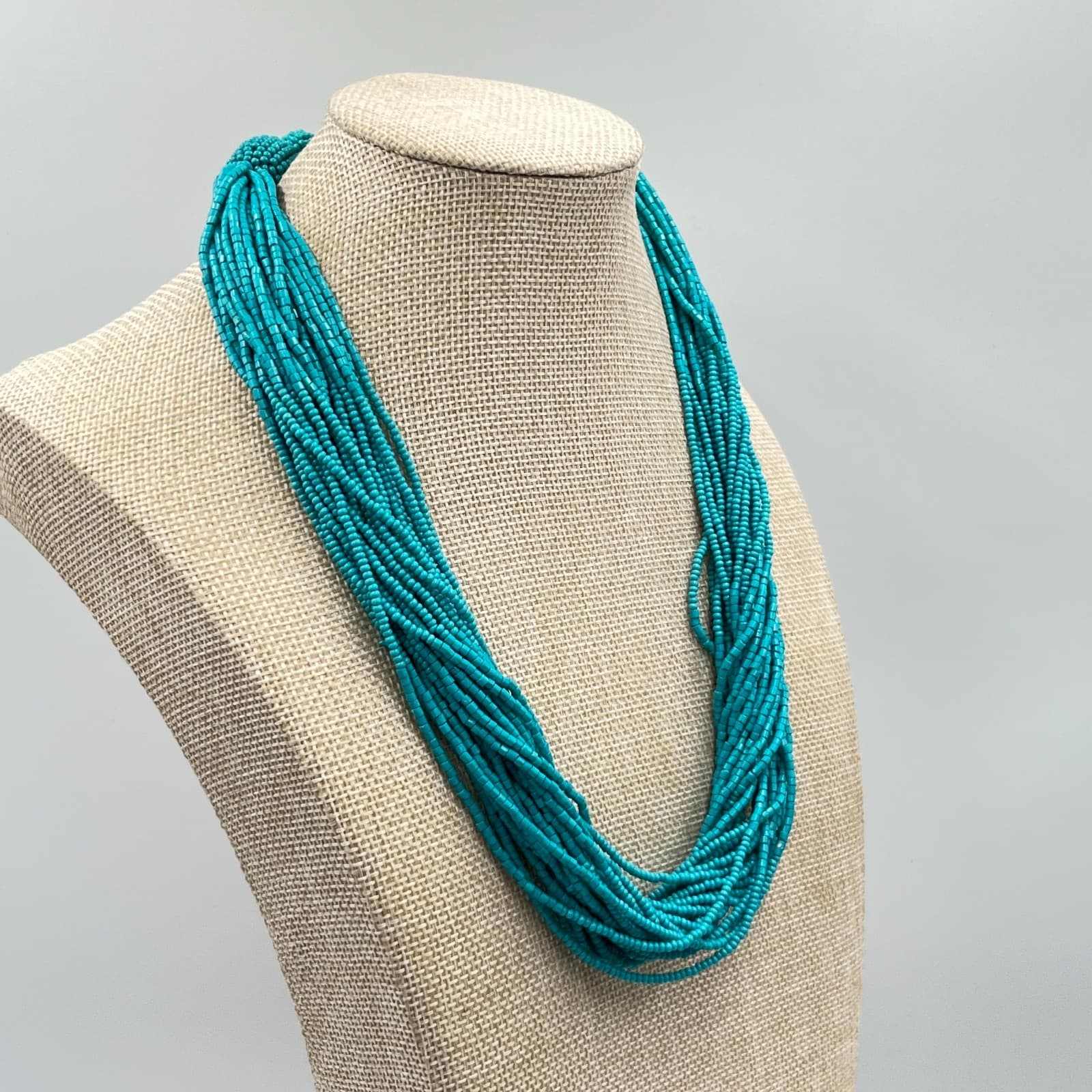 Vintage LOFT Multi-Strand Teal Seed Bead Statement Necklace Boho Chic Classic - Thumbnail 6