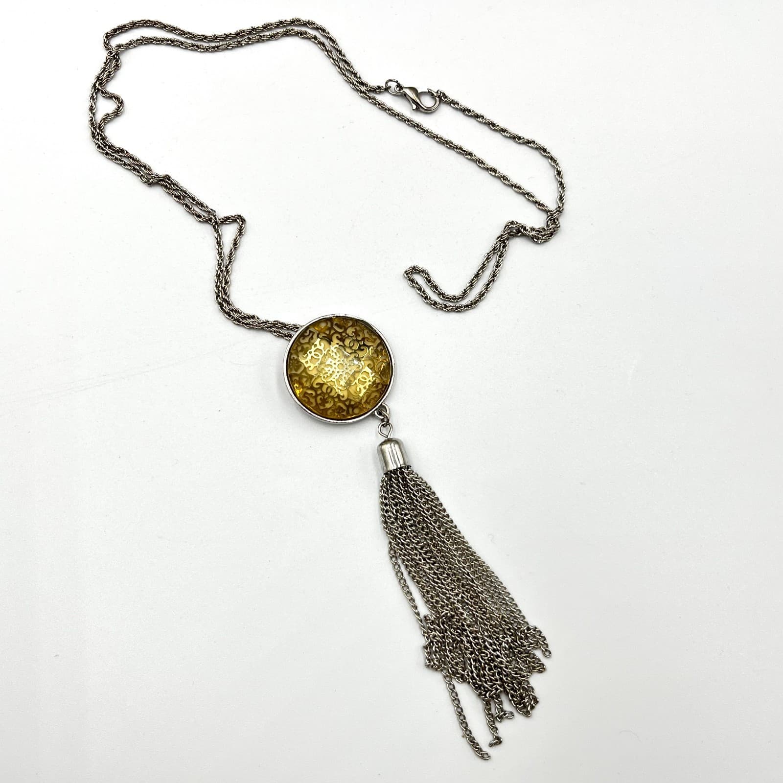 Vintage Silver Tone Long Tassel Necklace Amber Gold Tone Glass Filigree Pendant - Thumbnail 7