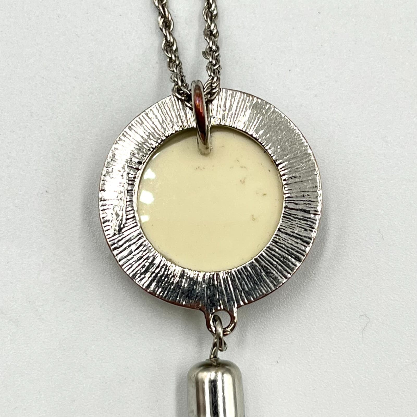 Vintage Silver Tone Long Tassel Necklace Amber Gold Tone Glass Filigree Pendant - Thumbnail 8