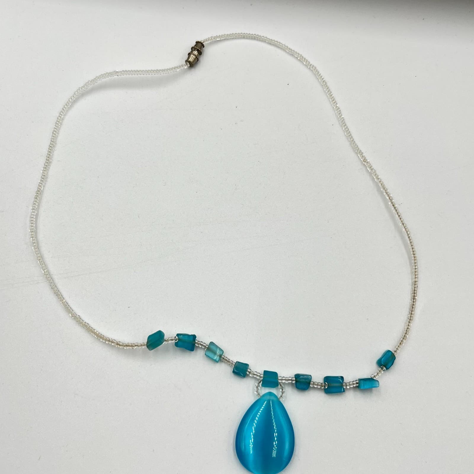 Vintage Y2K Blue Cat Eye Teardrop Pendant Necklace Clear Seed Bead Boho Retro - Thumbnail 2