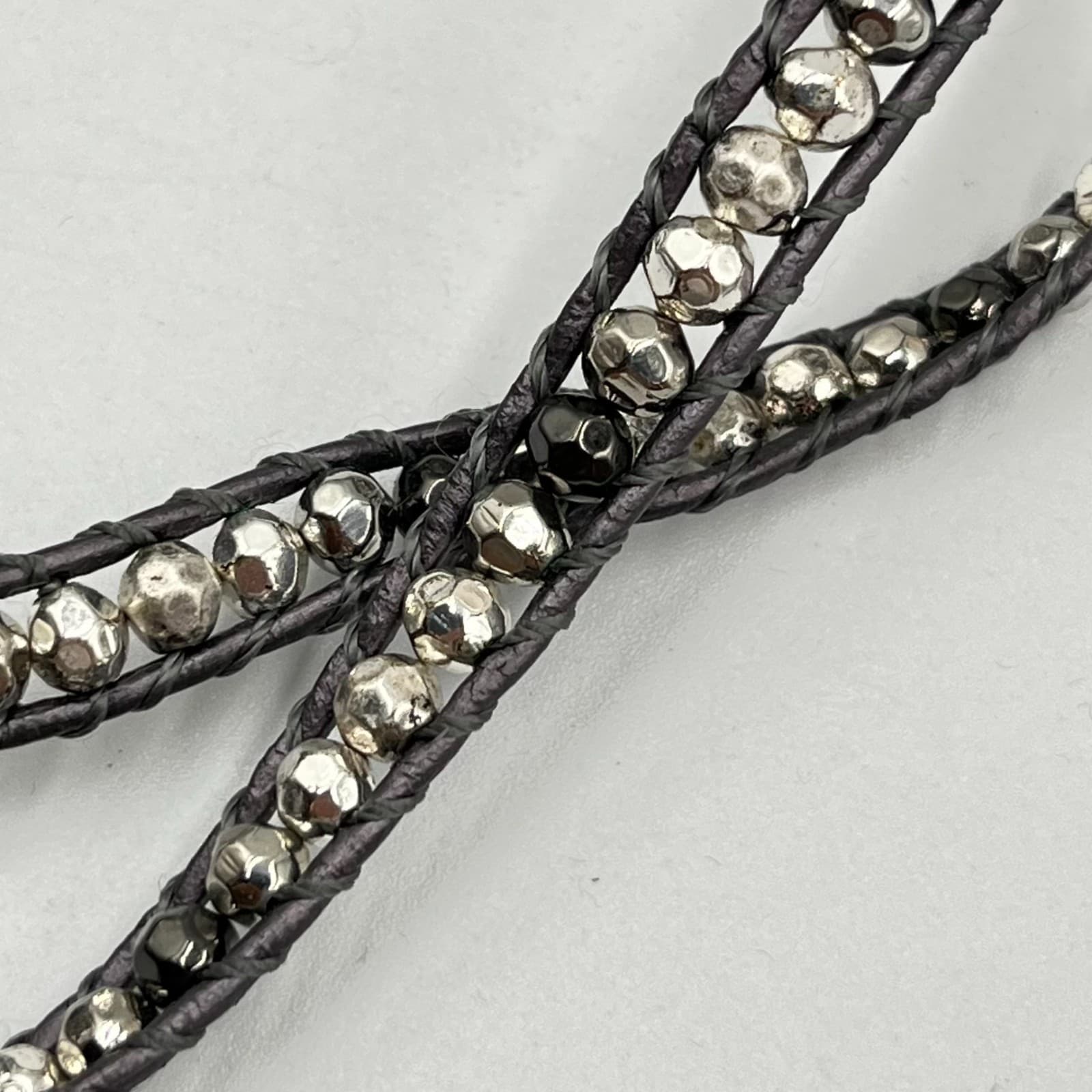 Vintage Boho Silver Mixed Bead Brown Leather Wrap Necklace Bracelet Adjustable - Thumbnail 4