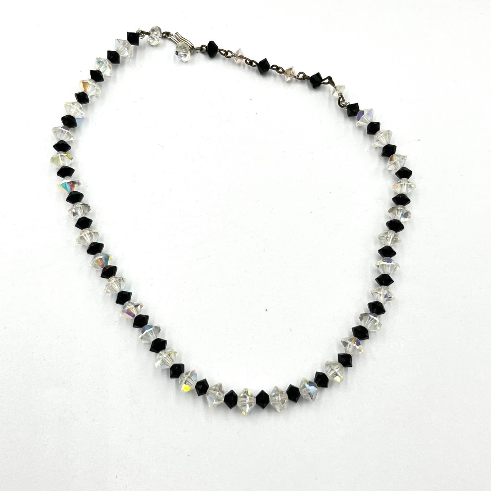 Vintage Aurora Borealis AB & Black Crystal Bicone Bead Necklace Retro Goth Glam - Thumbnail 2