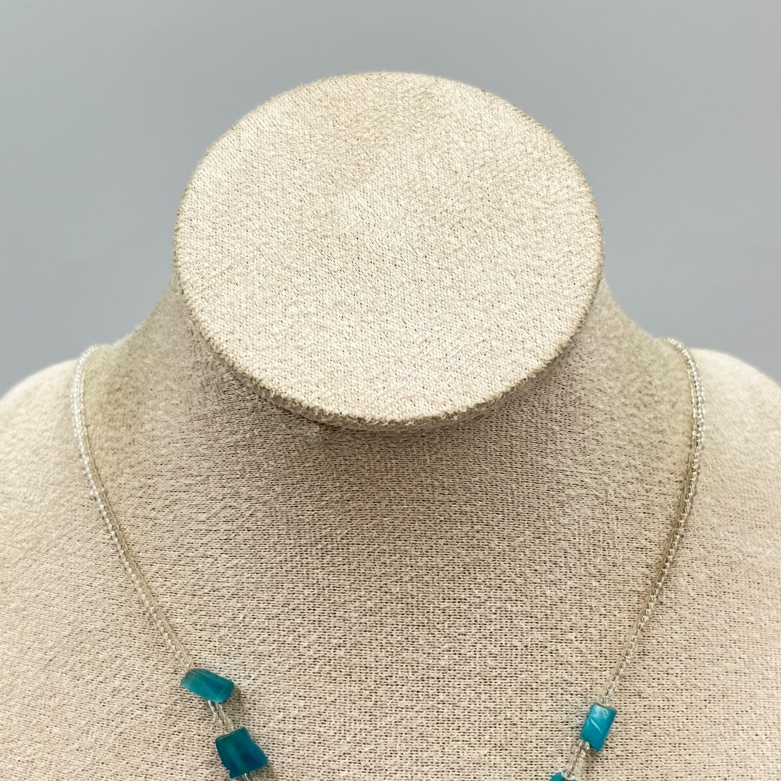 Vintage Y2K Blue Cat Eye Teardrop Pendant Necklace Clear Seed Bead Boho Retro - Thumbnail 6