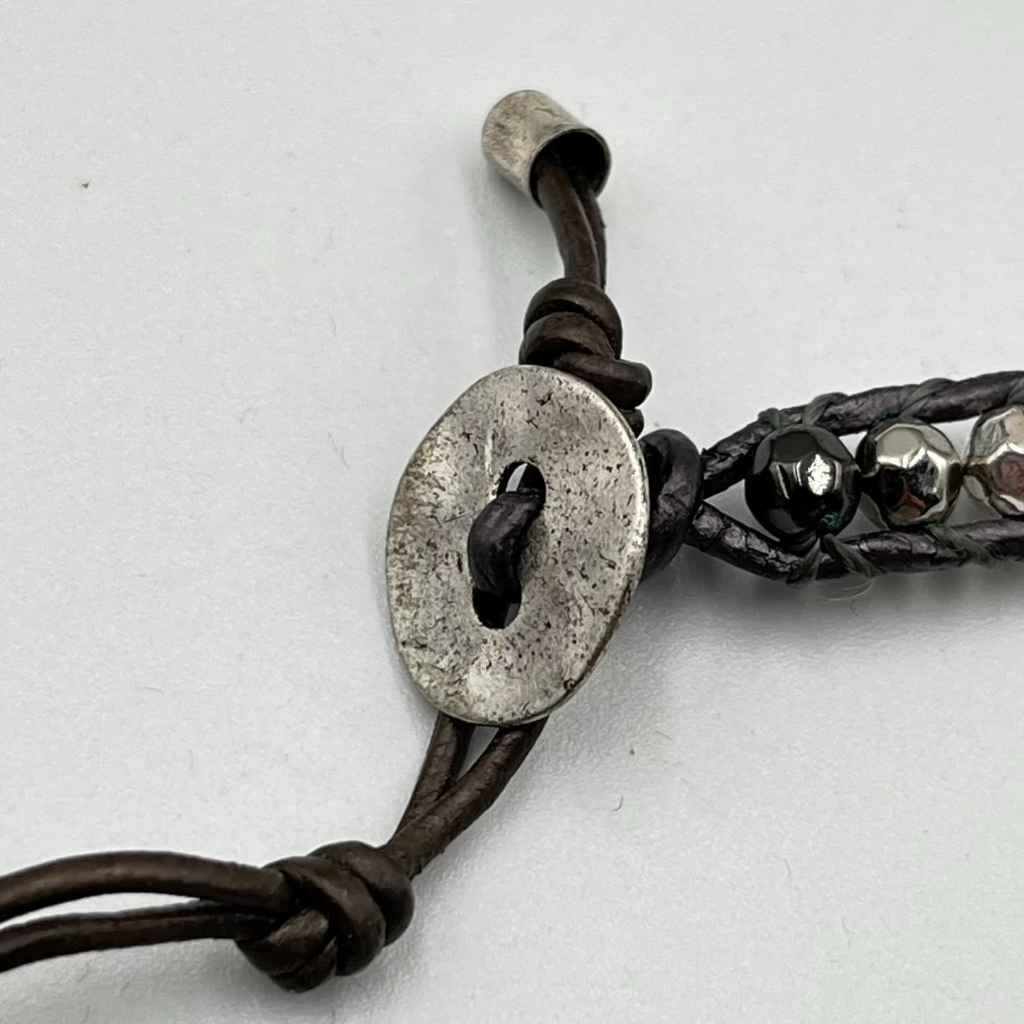 Vintage Boho Silver Mixed Bead Brown Leather Wrap Necklace Bracelet Adjustable - Thumbnail 2
