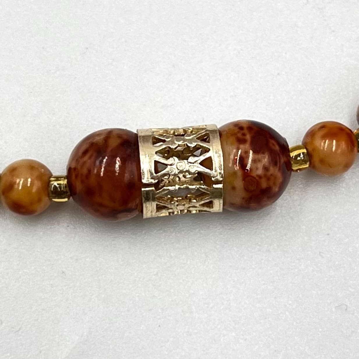 VTG Retro Faux Tortoise Shell Brown Mottled Bead Long Strand Necklace Gold Tone - Thumbnail 4