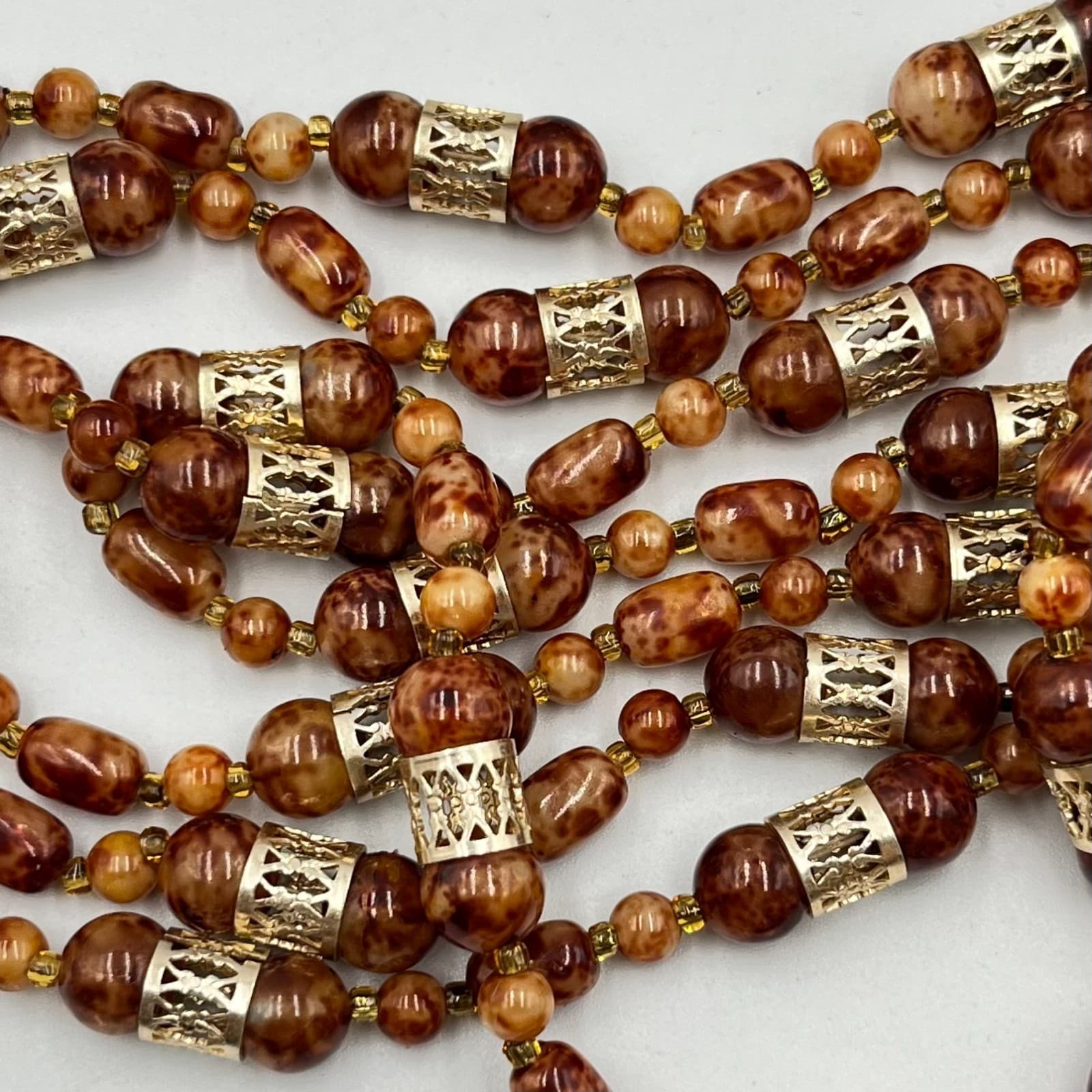 VTG Retro Faux Tortoise Shell Brown Mottled Bead Long Strand Necklace Gold Tone - Thumbnail 3