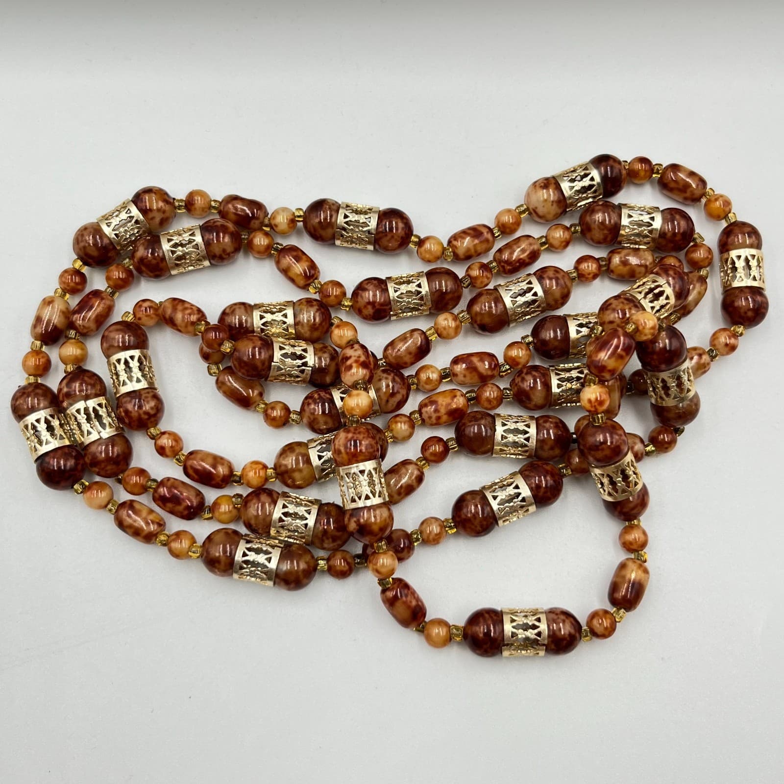 VTG Retro Faux Tortoise Shell Brown Mottled Bead Long Strand Necklace Gold Tone - Thumbnail 2