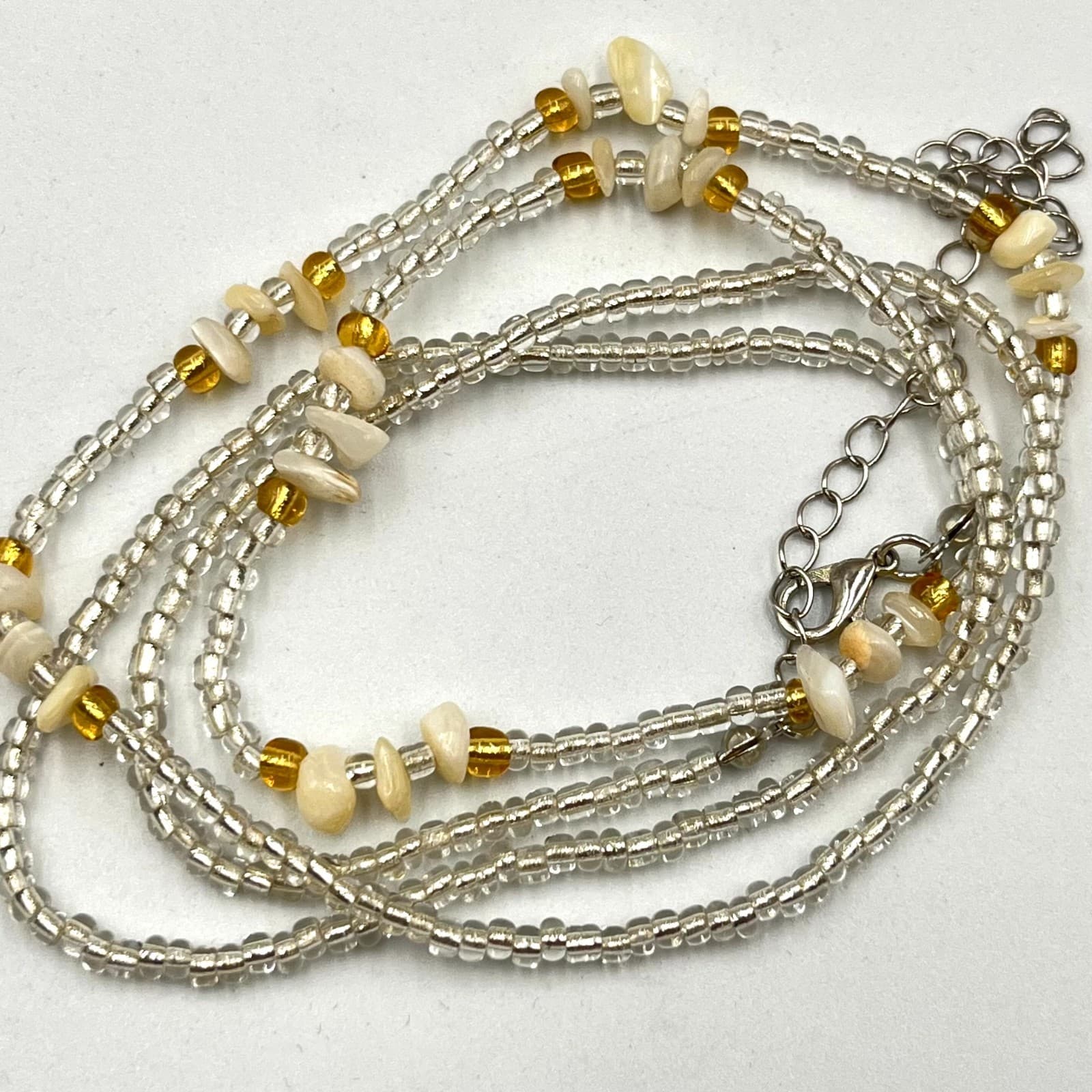 Vintage Earthy Seed Bead & Shell Chip Necklace Cream Amber Tone Boho Strand - Thumbnail 2