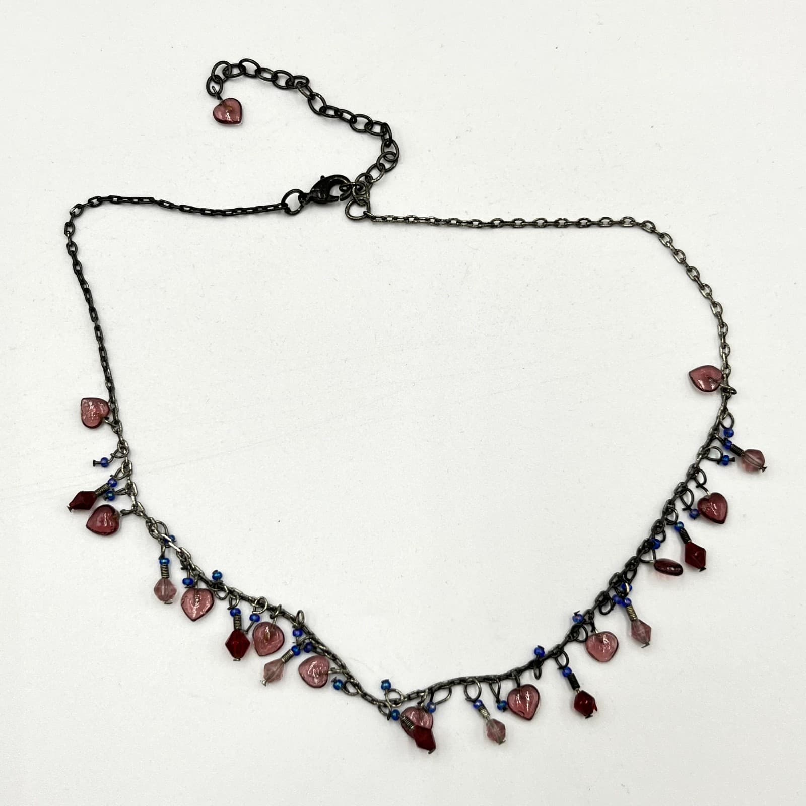 Vintage Retro Gunmetal Heart Charm Dangle Necklace Purple Red Blue Beaded Y2K - Thumbnail 2