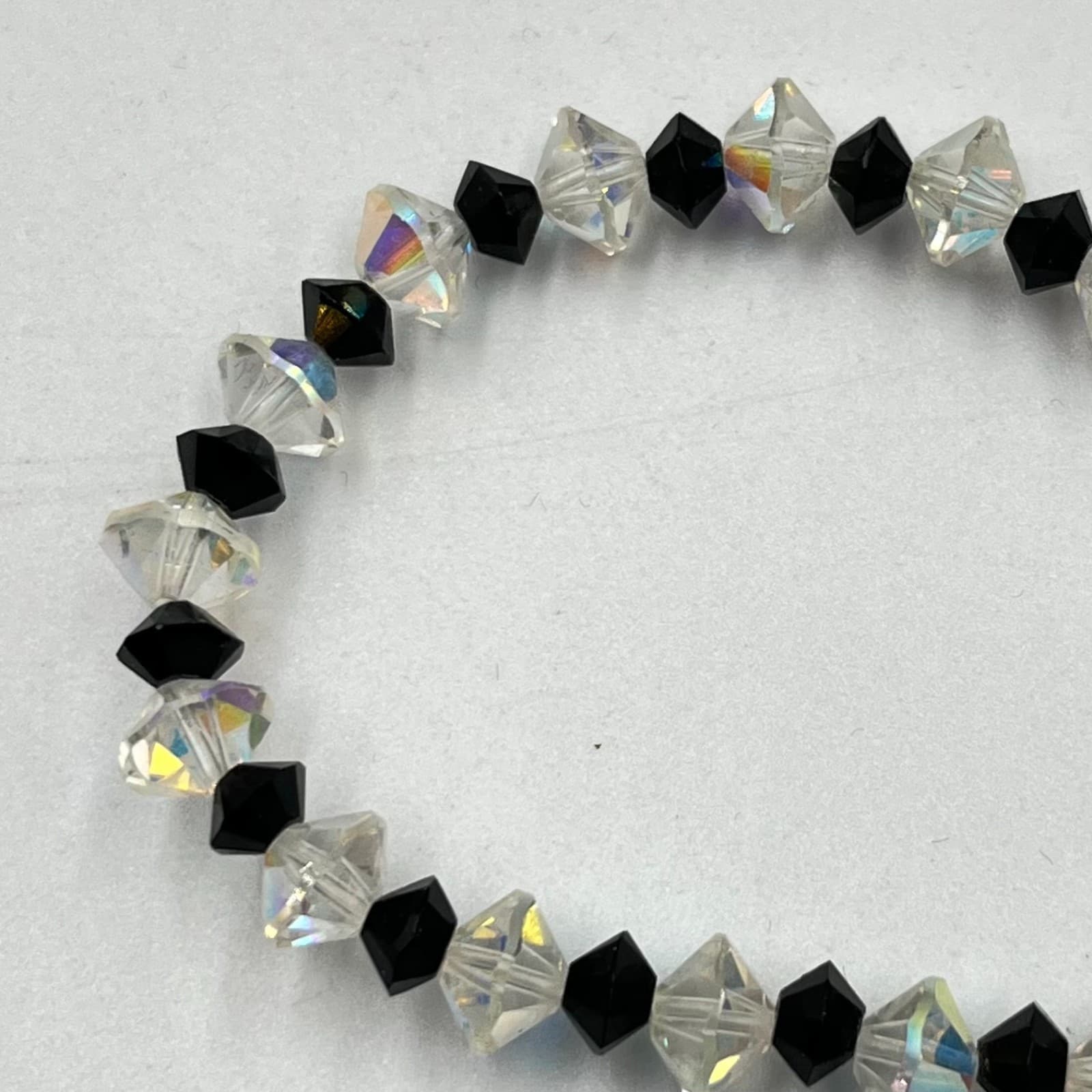 Vintage Aurora Borealis AB & Black Crystal Bicone Bead Necklace Retro Goth Glam - Thumbnail 4