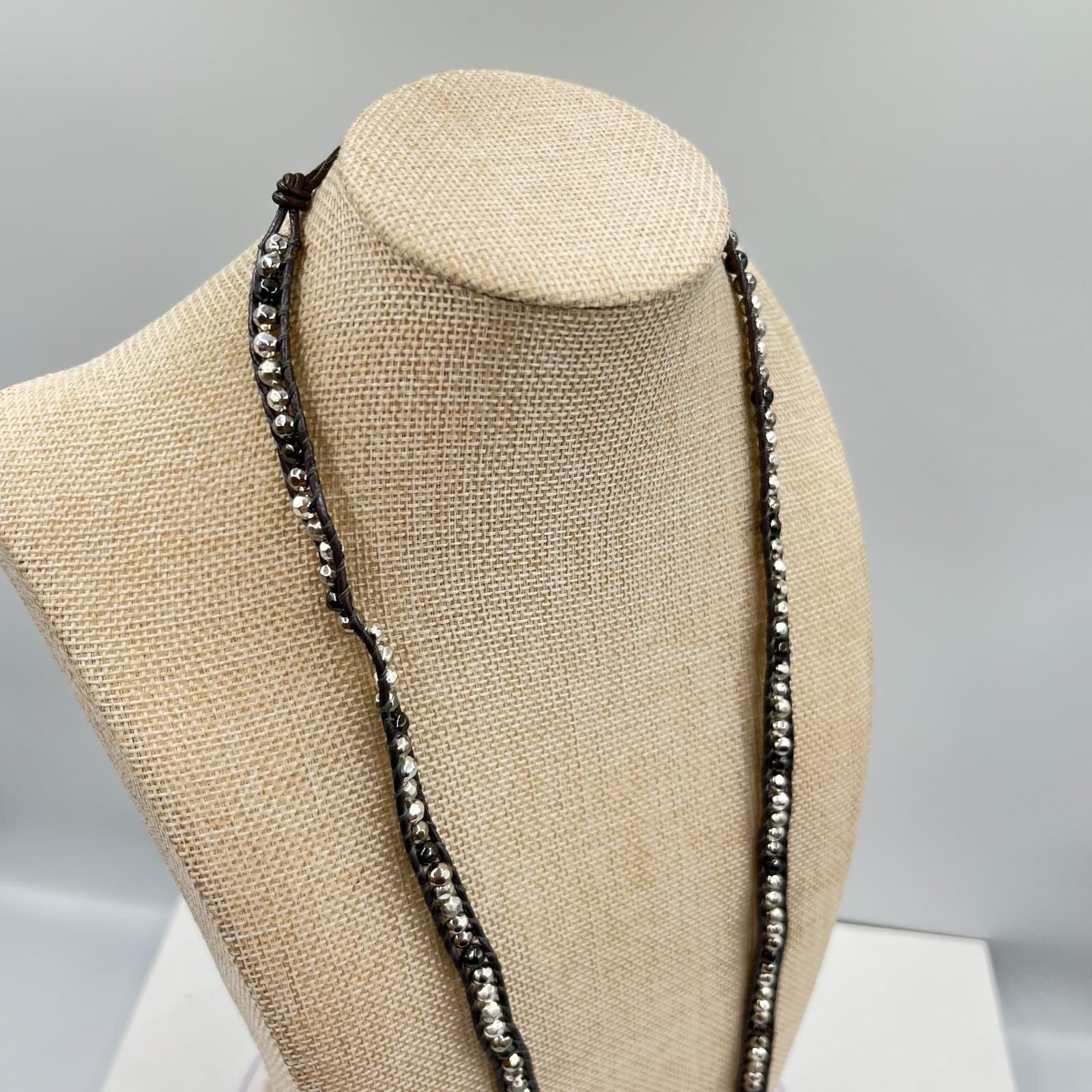 Vintage Boho Silver Mixed Bead Brown Leather Wrap Necklace Bracelet Adjustable - Thumbnail 7