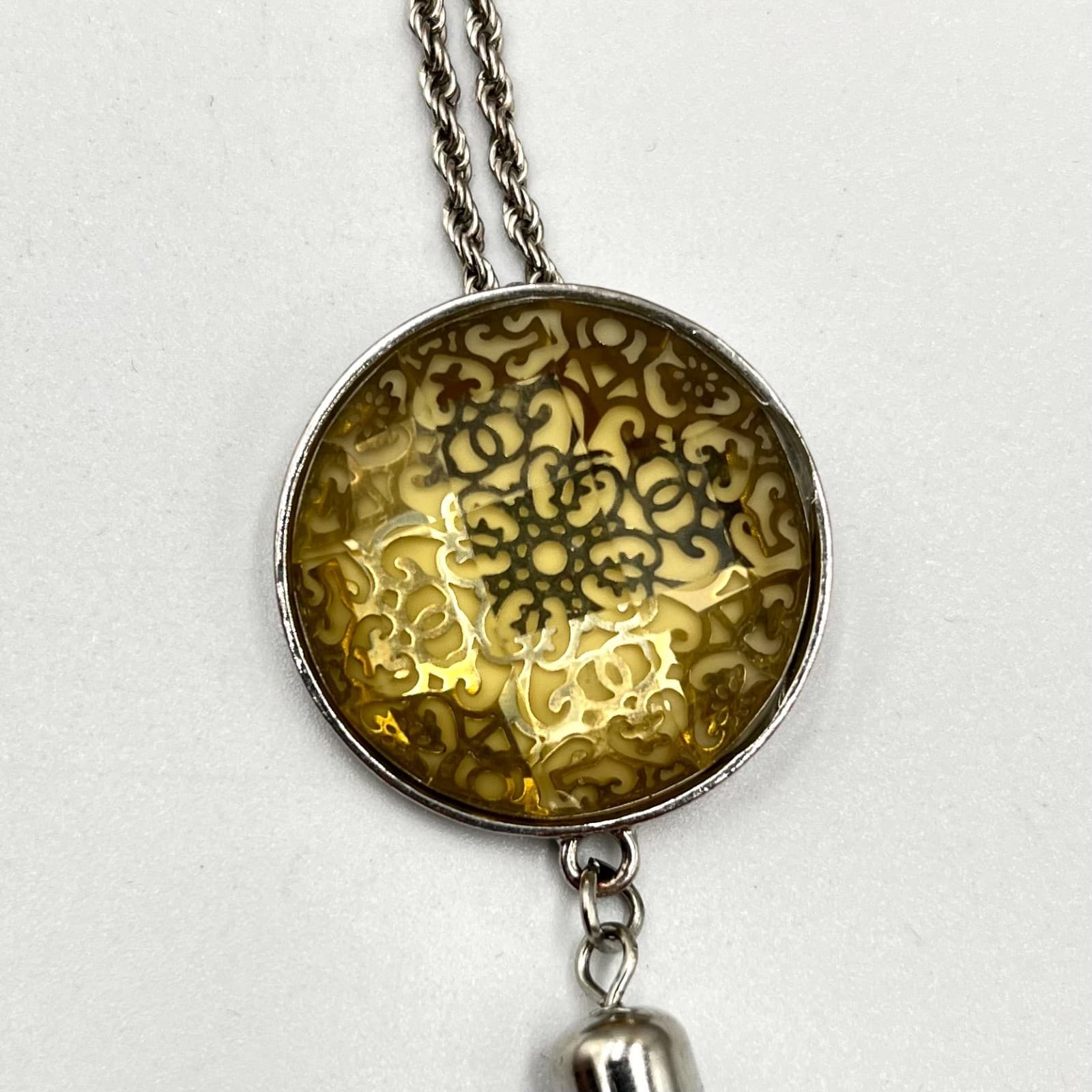 Vintage Silver Tone Long Tassel Necklace Amber Gold Tone Glass Filigree Pendant - Thumbnail 5