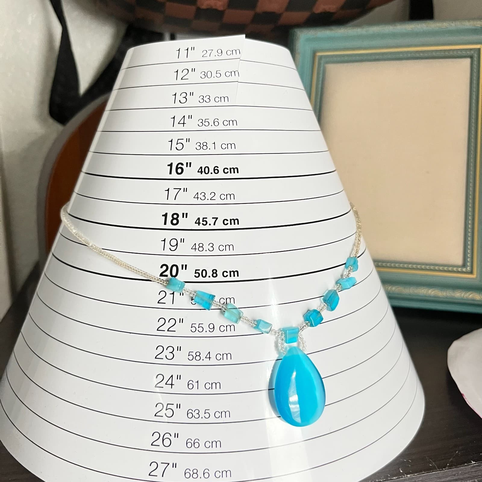 Vintage Y2K Blue Cat Eye Teardrop Pendant Necklace Clear Seed Bead Boho Retro - Thumbnail 10