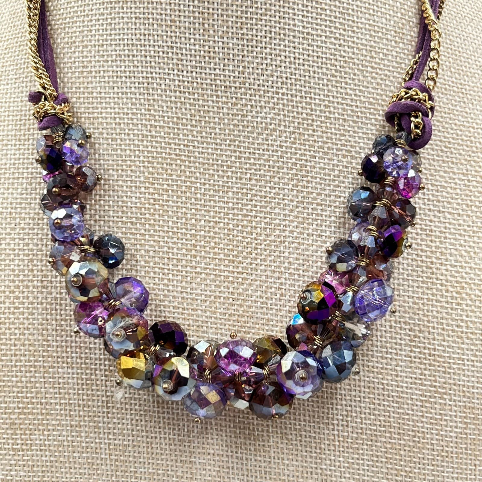 VTG Ali Khan New York Purple Crystal Cluster Statement Necklace Gold Tone Boho - Thumbnail 8
