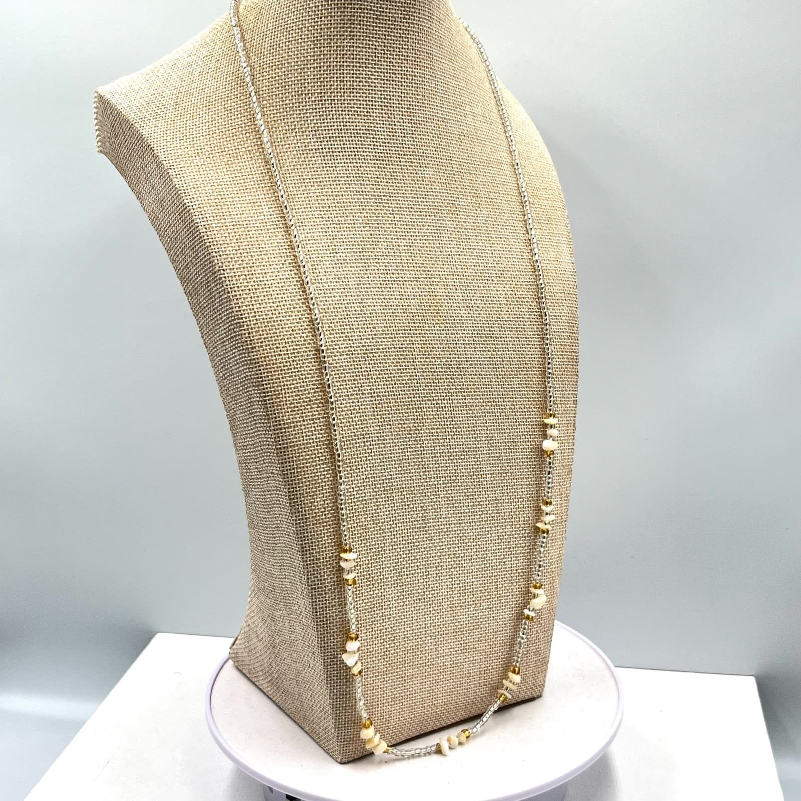 Vintage Earthy Seed Bead & Shell Chip Necklace Cream Amber Tone Boho Strand - Thumbnail 8