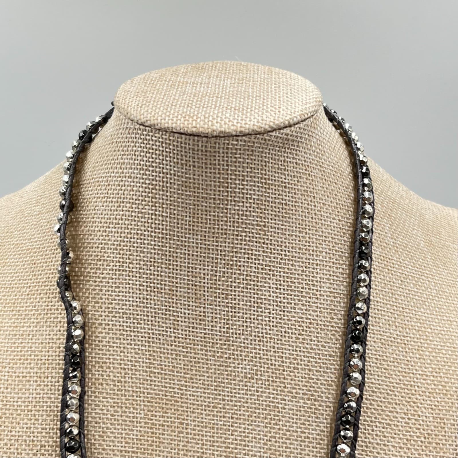 Vintage Boho Silver Mixed Bead Brown Leather Wrap Necklace Bracelet Adjustable - Thumbnail 5