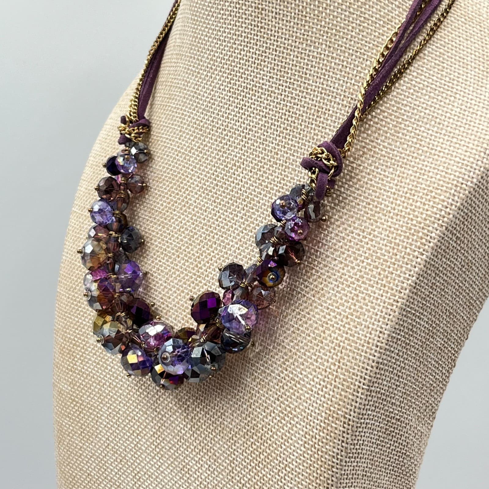 VTG Ali Khan New York Purple Crystal Cluster Statement Necklace Gold Tone Boho - Thumbnail 10