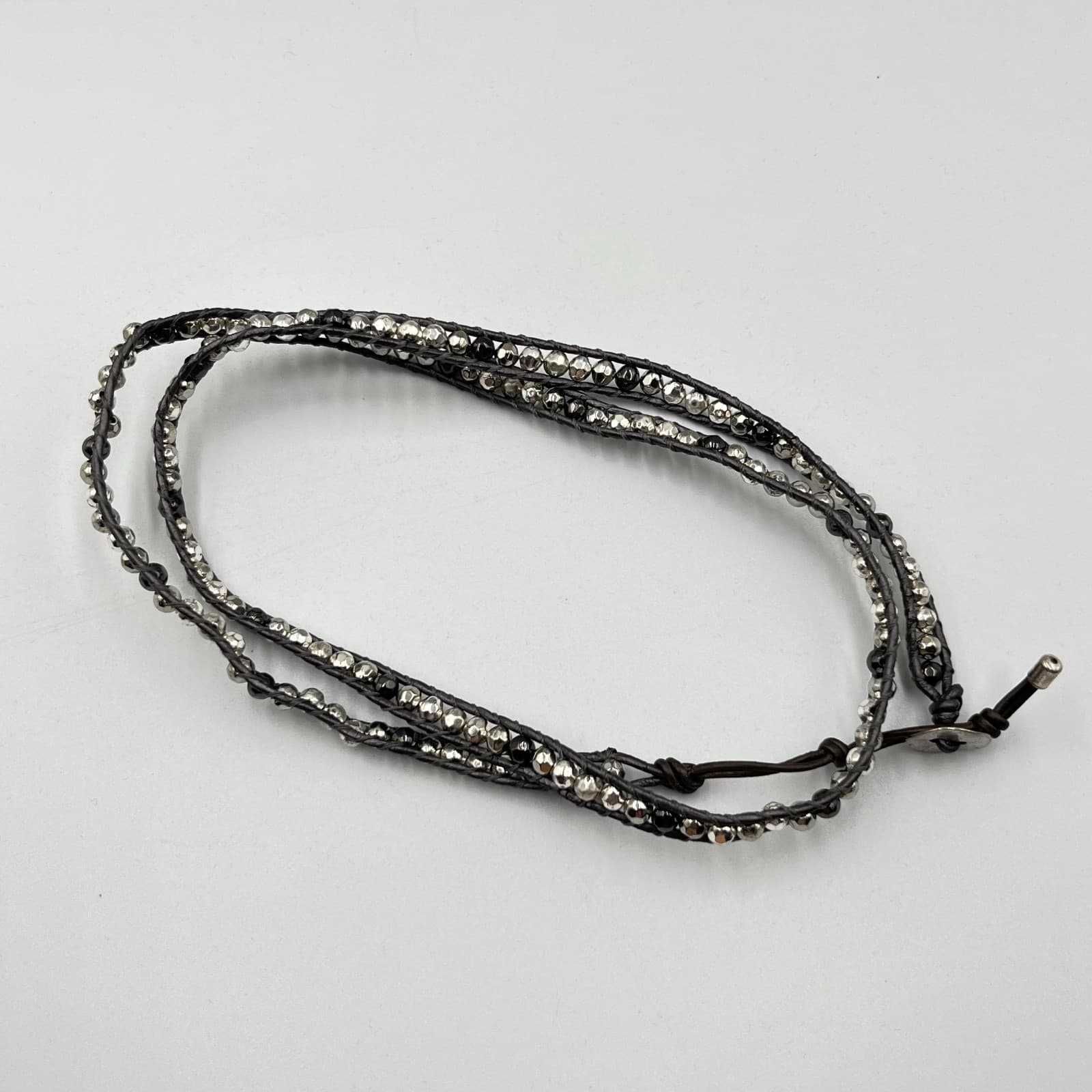 Vintage Boho Silver Mixed Bead Brown Leather Wrap Necklace Bracelet Adjustable - Thumbnail 3