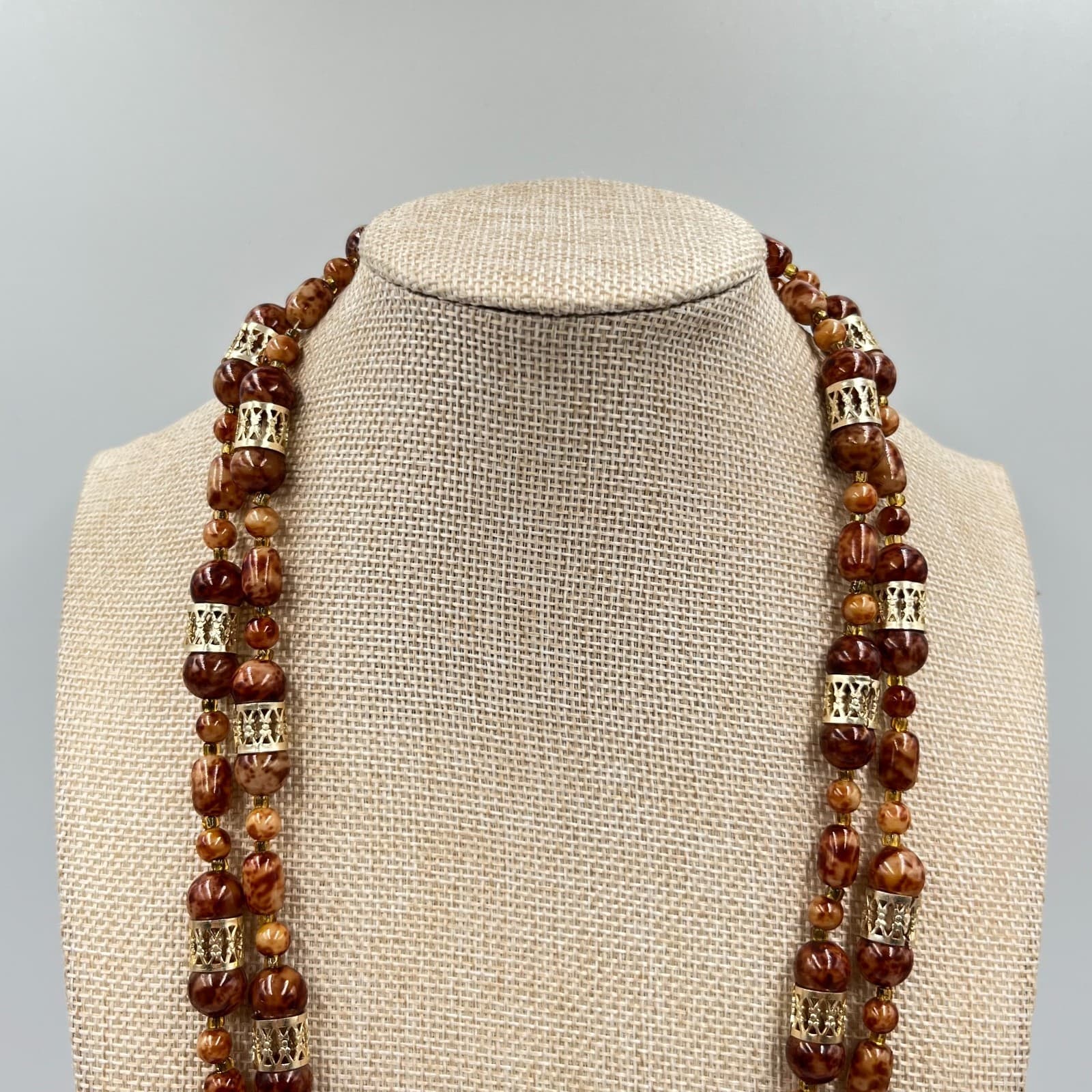 VTG Retro Faux Tortoise Shell Brown Mottled Bead Long Strand Necklace Gold Tone - Thumbnail 5