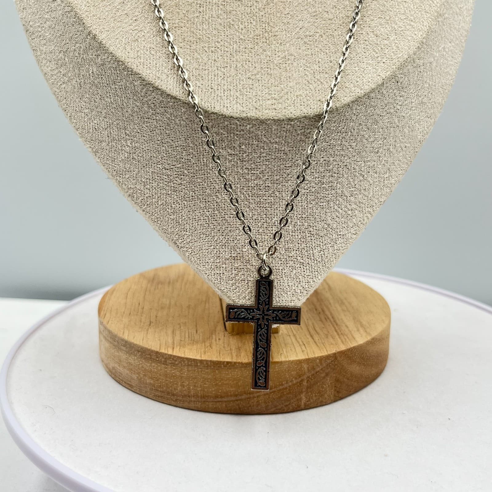 Vintage Blue Enamel Silver Tone Cross Pendant Necklace Religious Spiritual Boho - Thumbnail 8
