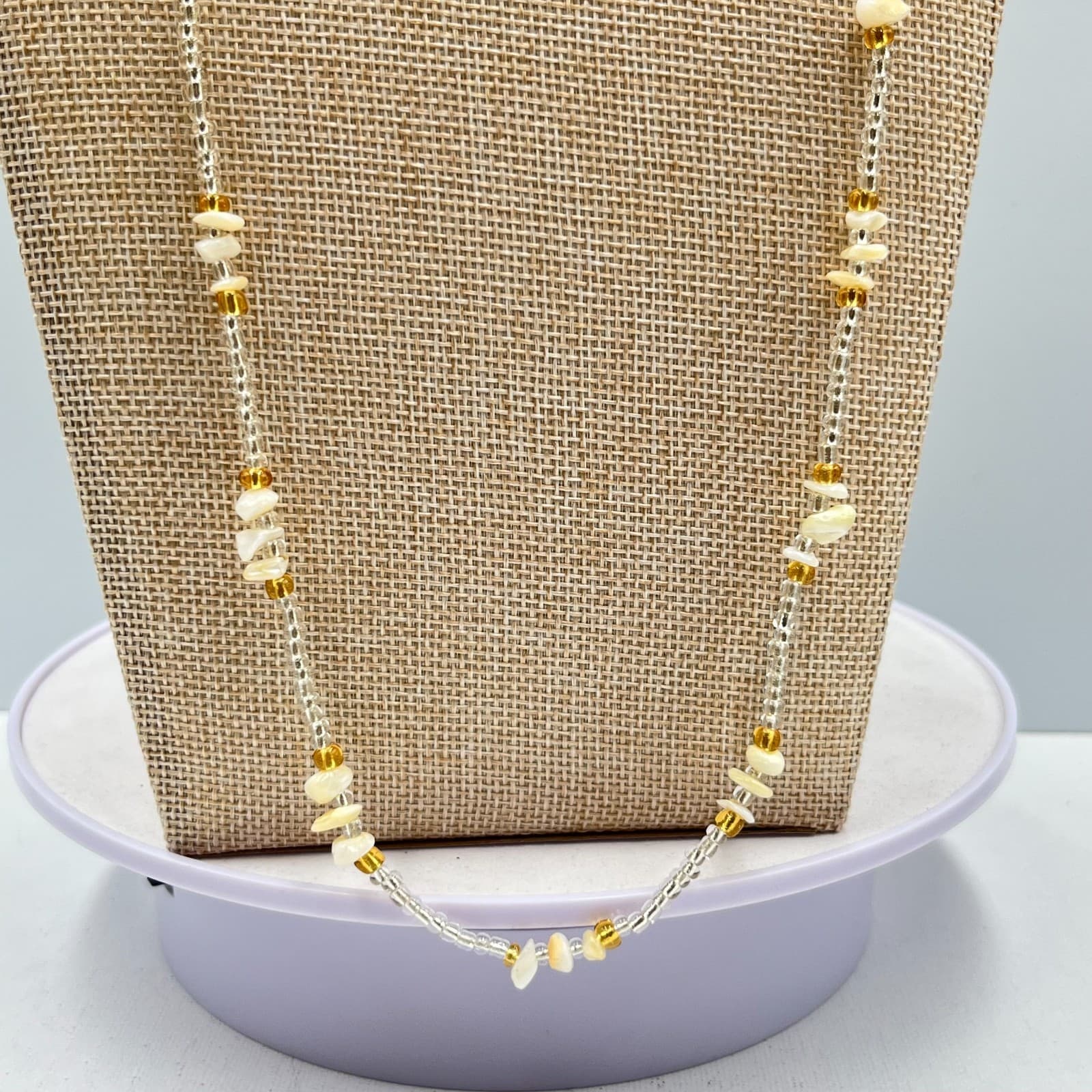 Vintage Earthy Seed Bead & Shell Chip Necklace Cream Amber Tone Boho Strand - Thumbnail 7