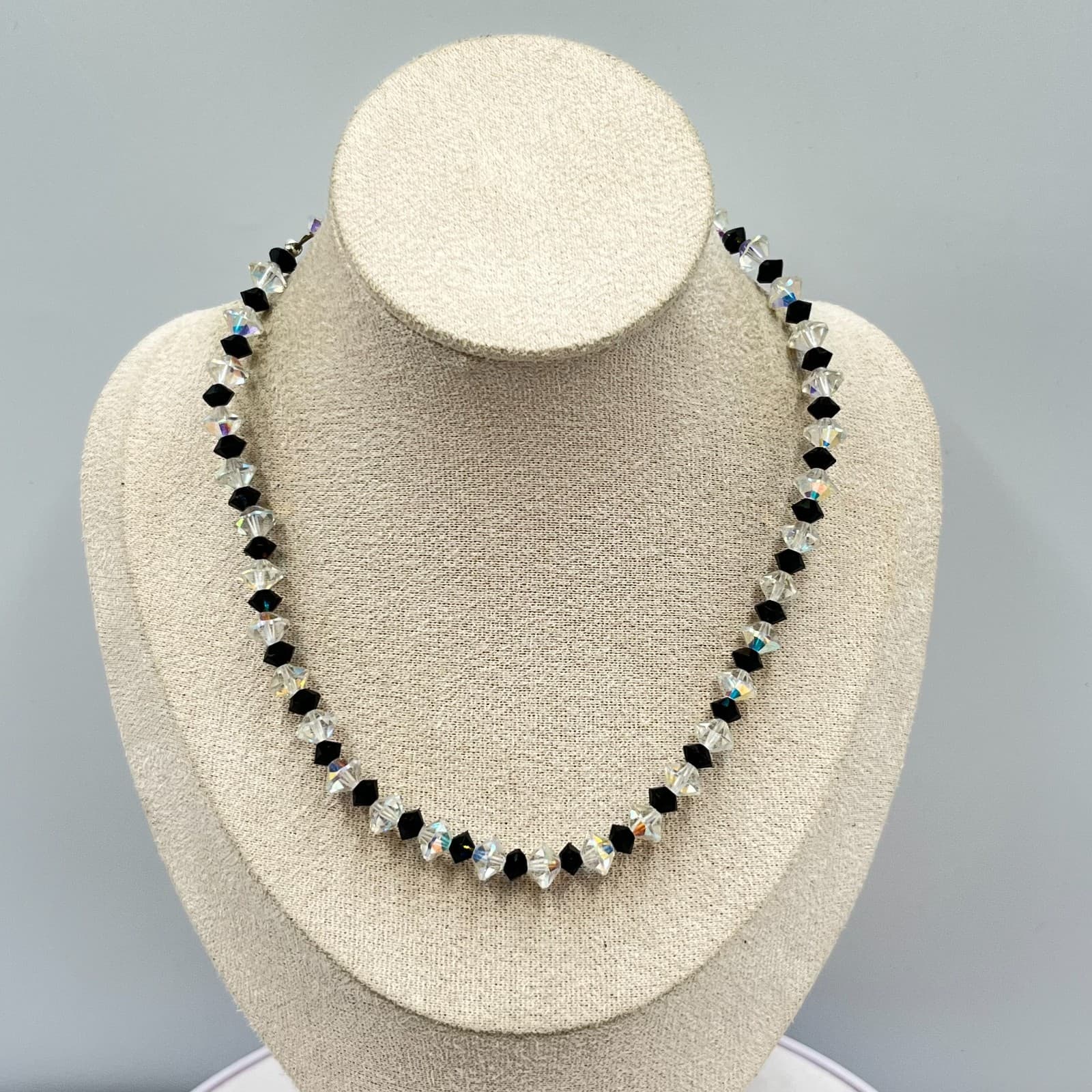 Vintage Aurora Borealis AB & Black Crystal Bicone Bead Necklace Retro Goth Glam - Thumbnail 5