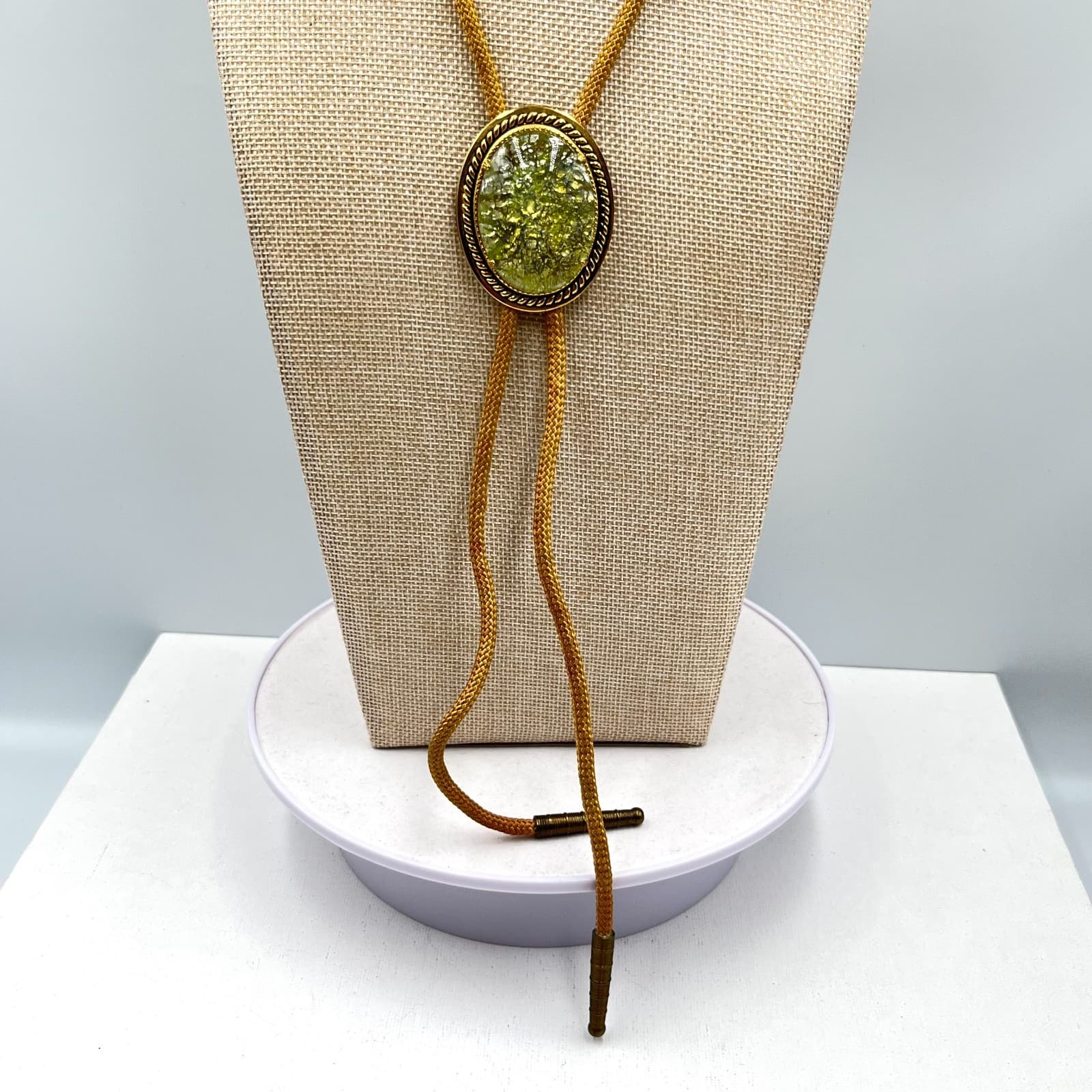 Vintage Western Gold Tone Green Crushed Foil Glass Bolo Tie Retro Cowboy Boho - Thumbnail 7