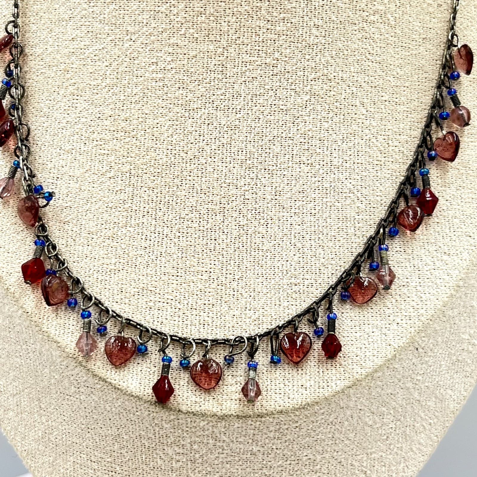 Vintage Retro Gunmetal Heart Charm Dangle Necklace Purple Red Blue Beaded Y2K - Thumbnail 6