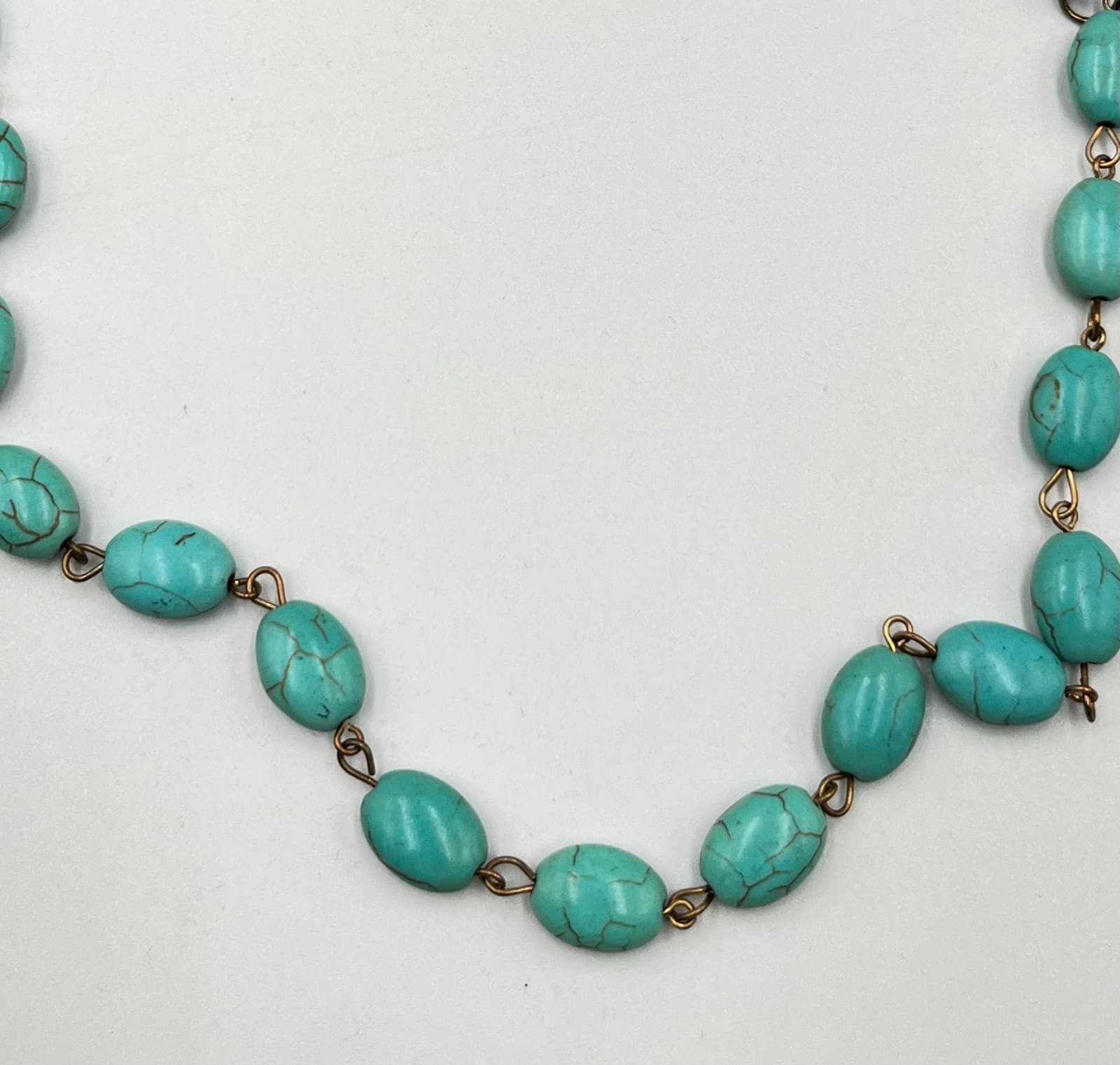 Vintage Boho Faux Turquoise Bead Necklace Retro Bronze Tone Corded Adjustable - Thumbnail 3