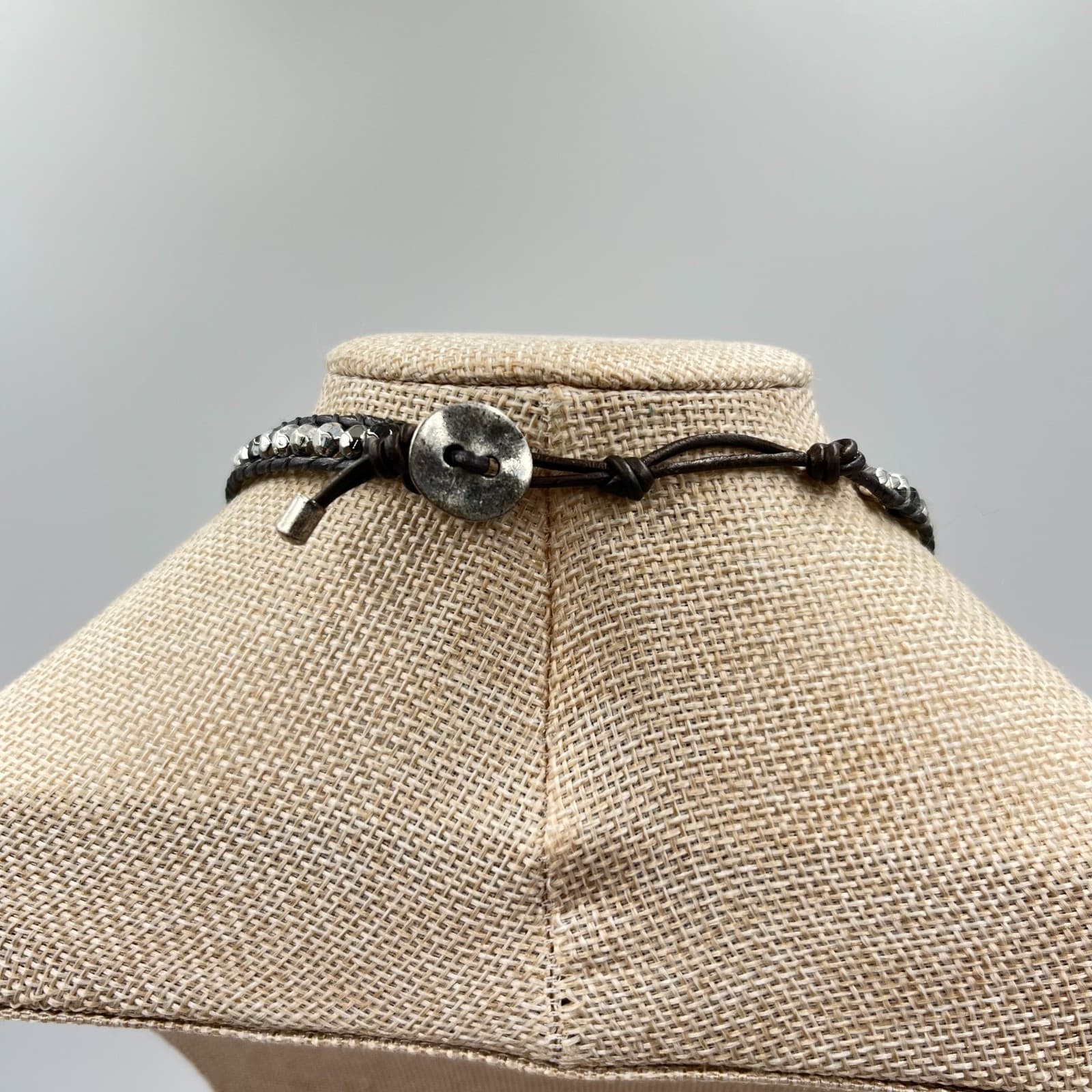 Vintage Boho Silver Mixed Bead Brown Leather Wrap Necklace Bracelet Adjustable - Thumbnail 8
