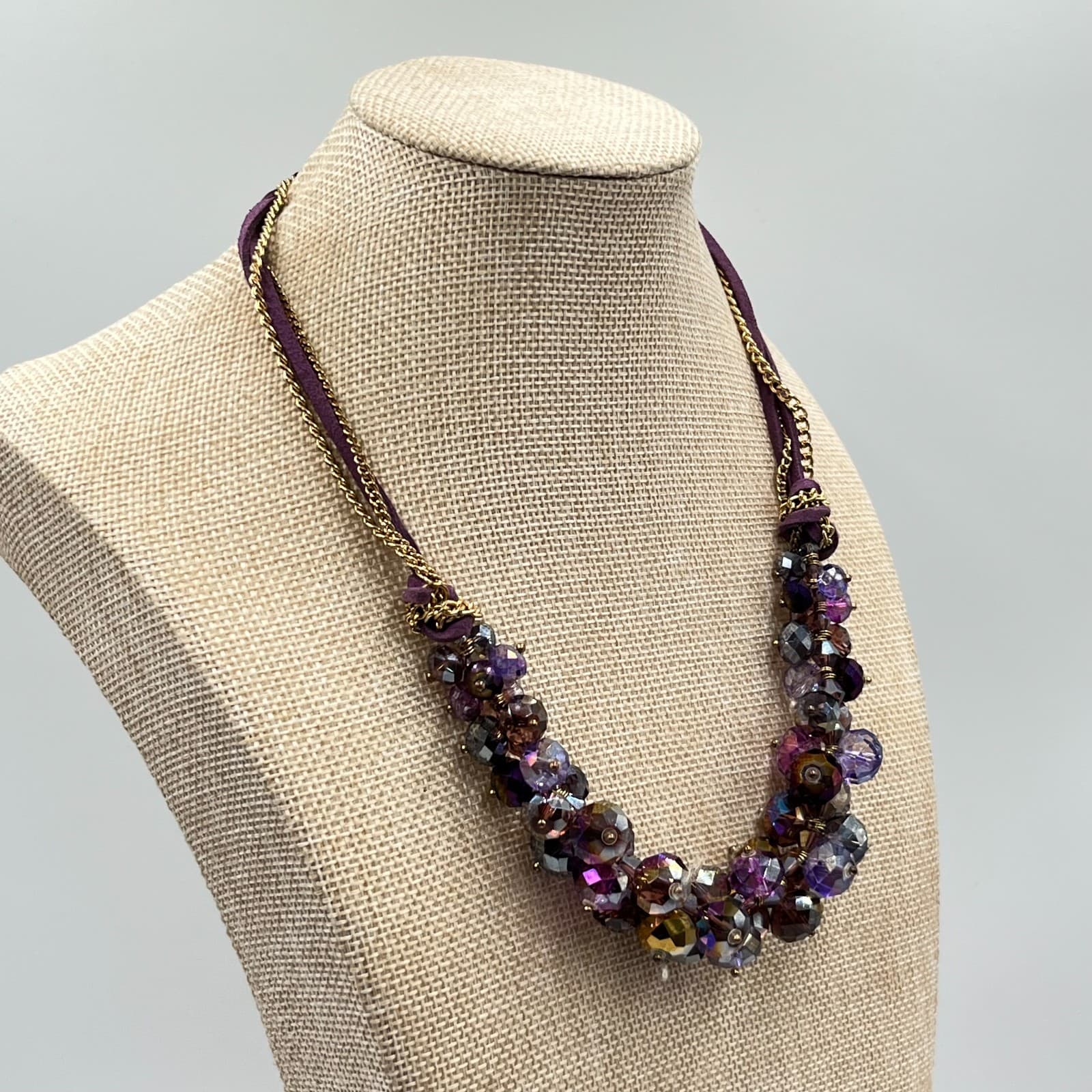 VTG Ali Khan New York Purple Crystal Cluster Statement Necklace Gold Tone Boho - Thumbnail 9
