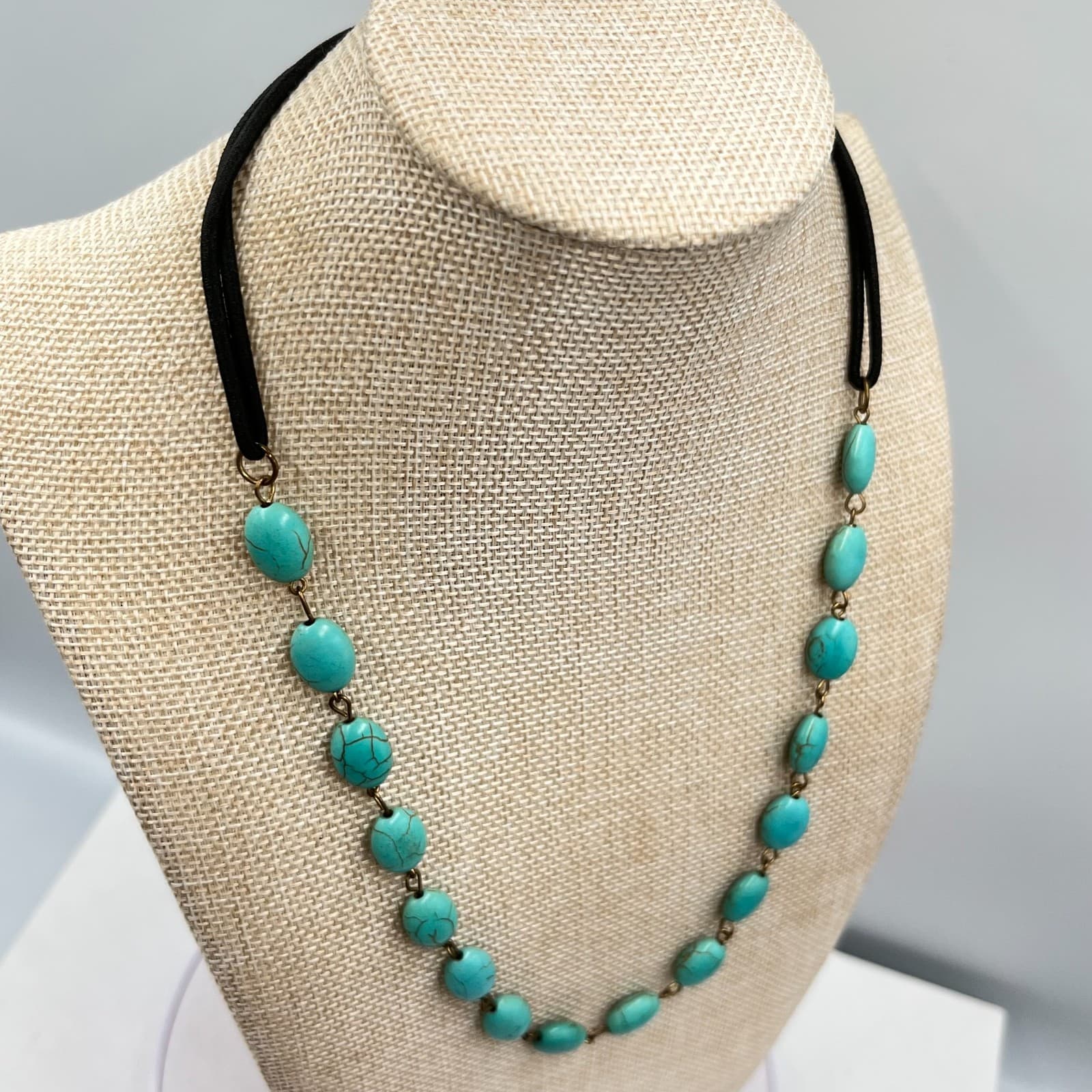 Vintage Boho Faux Turquoise Bead Necklace Retro Bronze Tone Corded Adjustable - Thumbnail 9