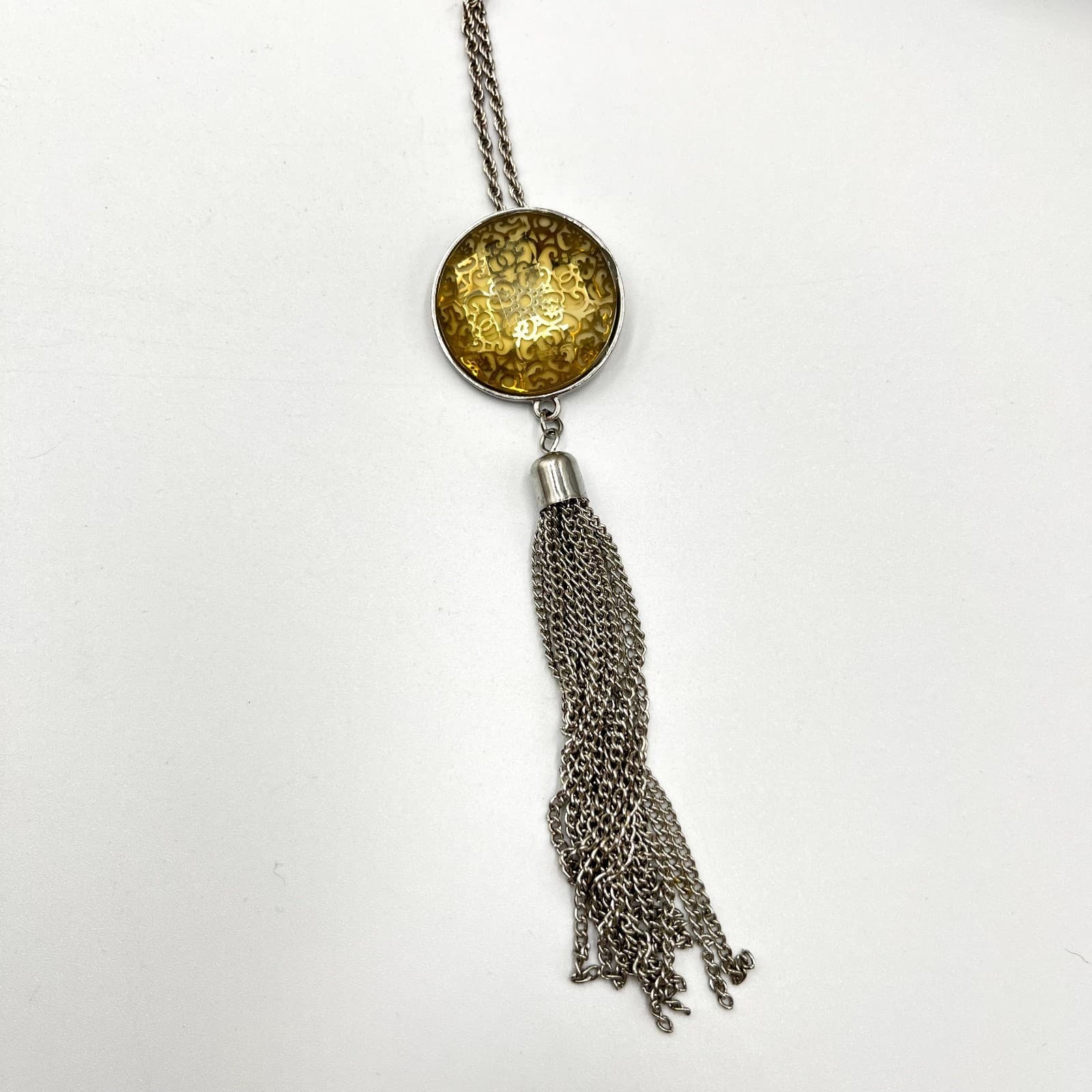 Vintage Silver Tone Long Tassel Necklace Amber Gold Tone Glass Filigree Pendant - Thumbnail 4