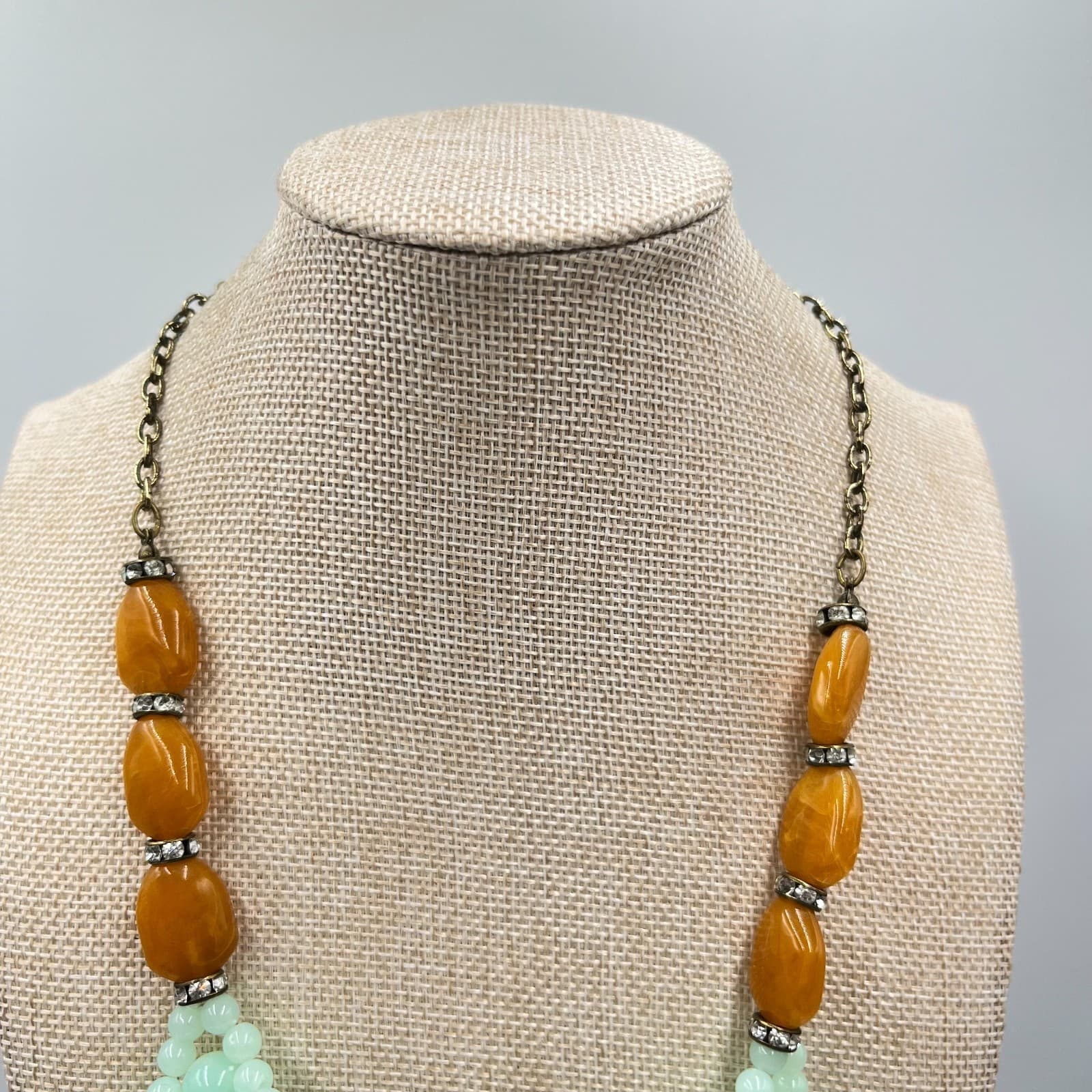 Vintage Retro Mint Green Bib Necklace Amber Tone Resin Accents Chunky Statement - Thumbnail 2